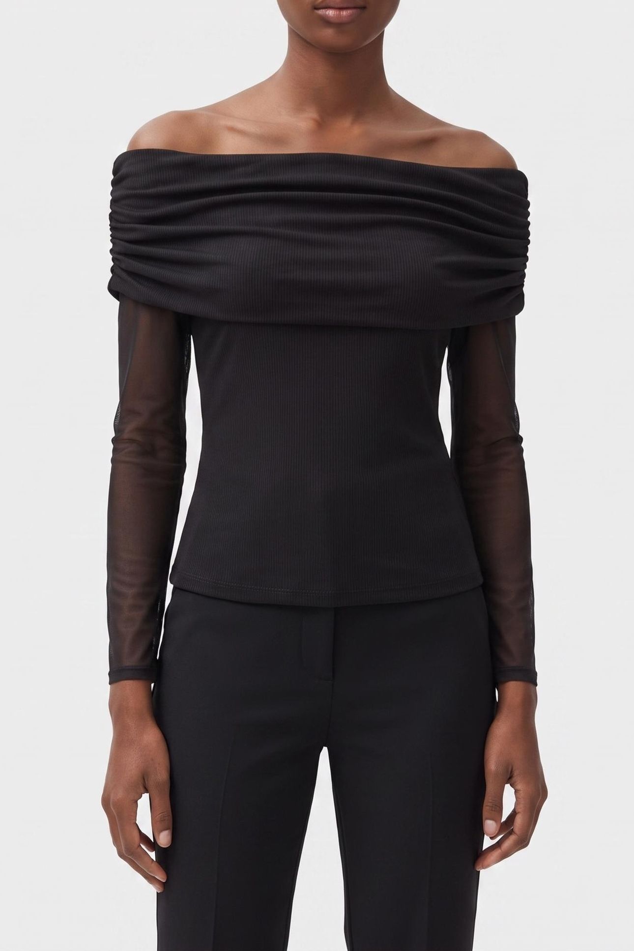 STRETCH BOAT NECK LONG SLEEVE MESH TOP BLACK 1