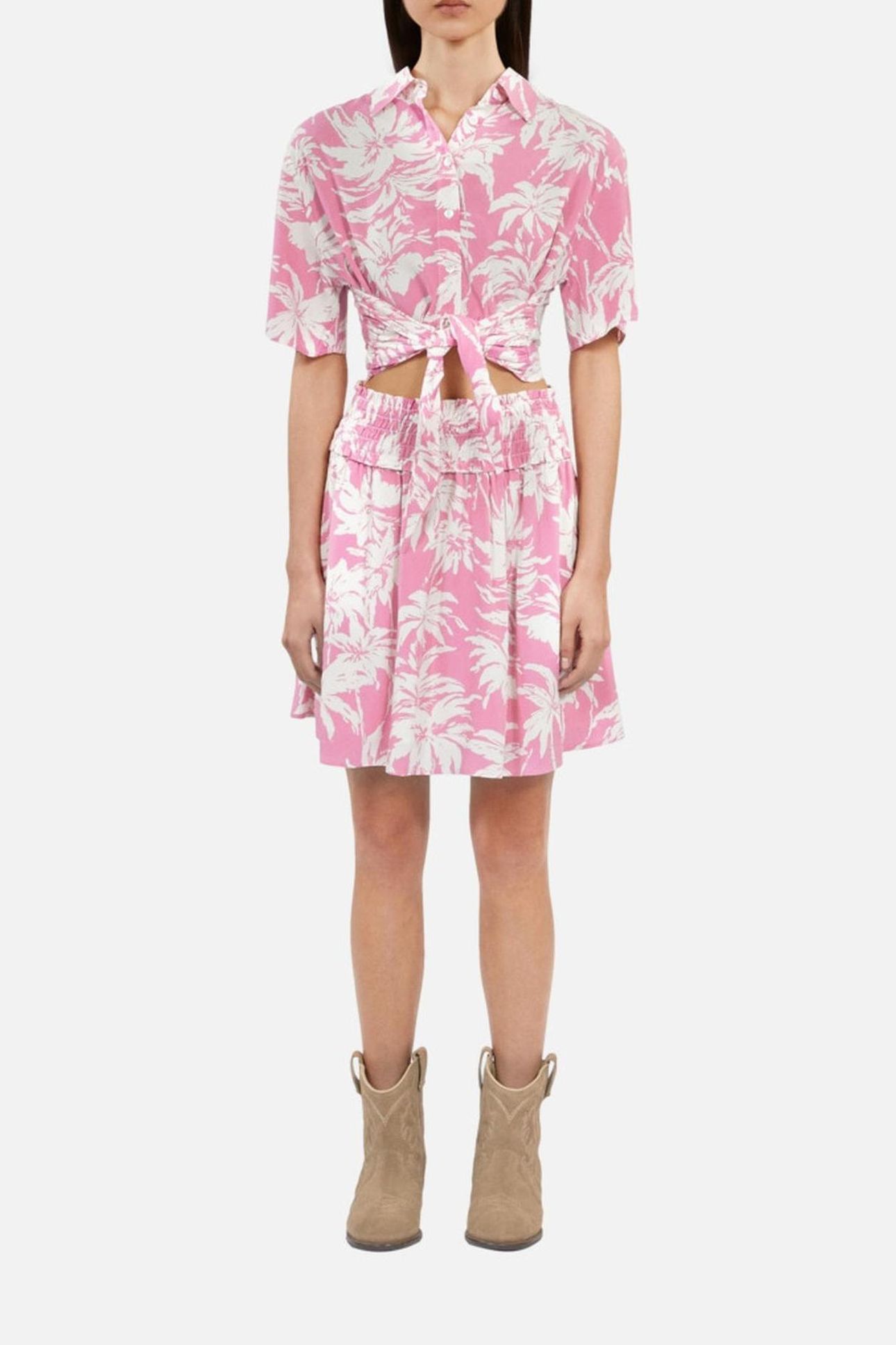 SHORT SKIRT WITH SMOCKED DETAILS PINK-WHITE 1