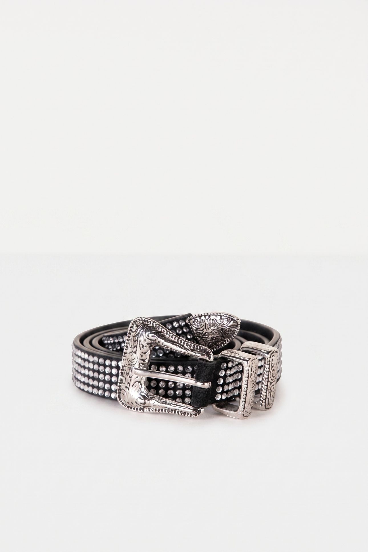 WESTERN LEATHER BELT WITH RHINESTONES ANTIC SILVER 2