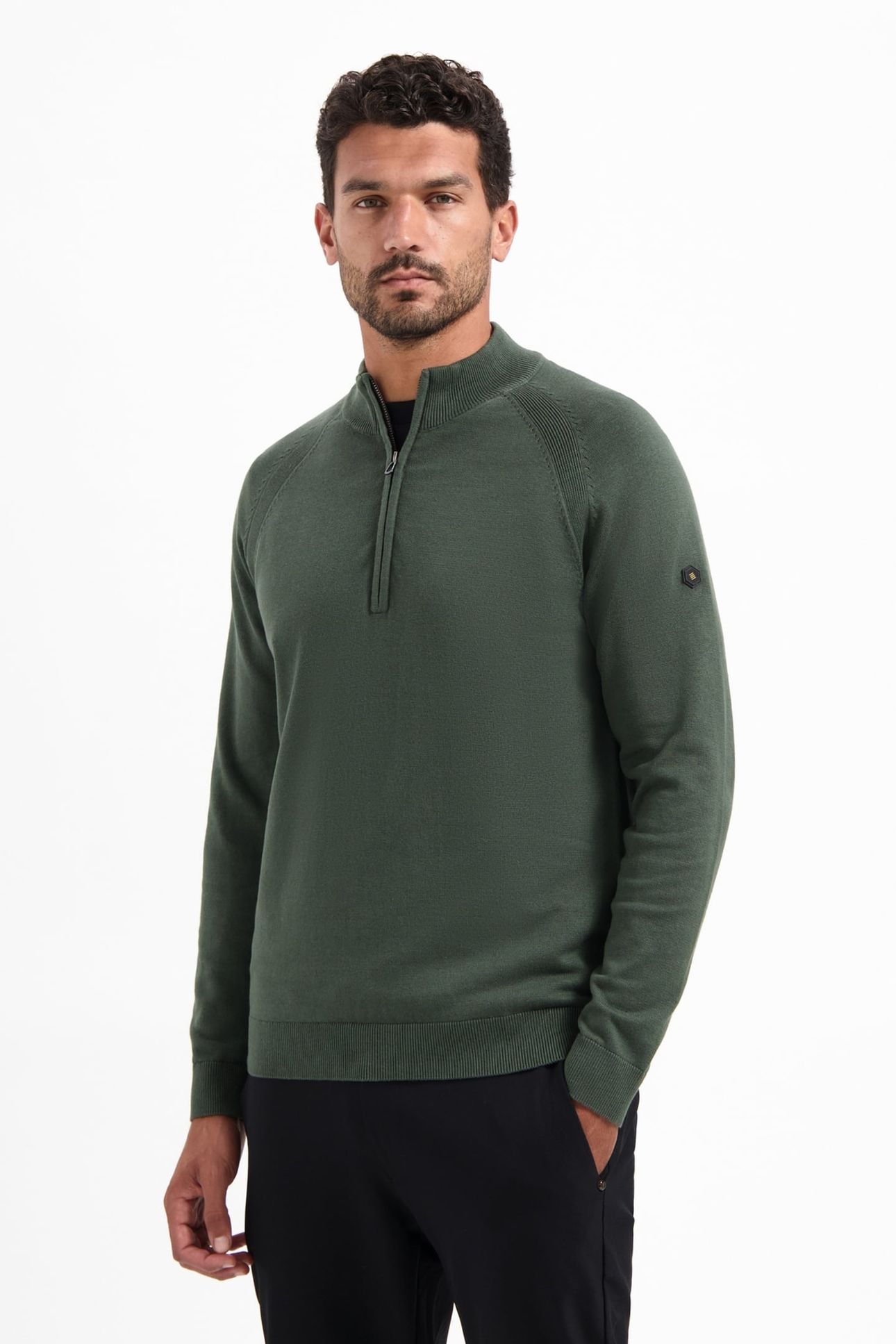 PULLOVER HALF ZIP HIGH COLLAR SOLID DARK GREEN 1