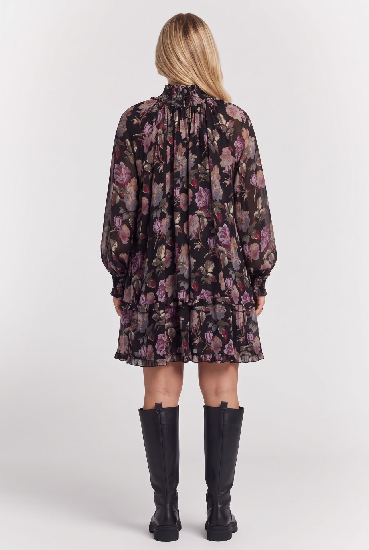 SHORT BABYDOLL DRESS WITH LONG SLEEVES BLACK / PURPLE 2
