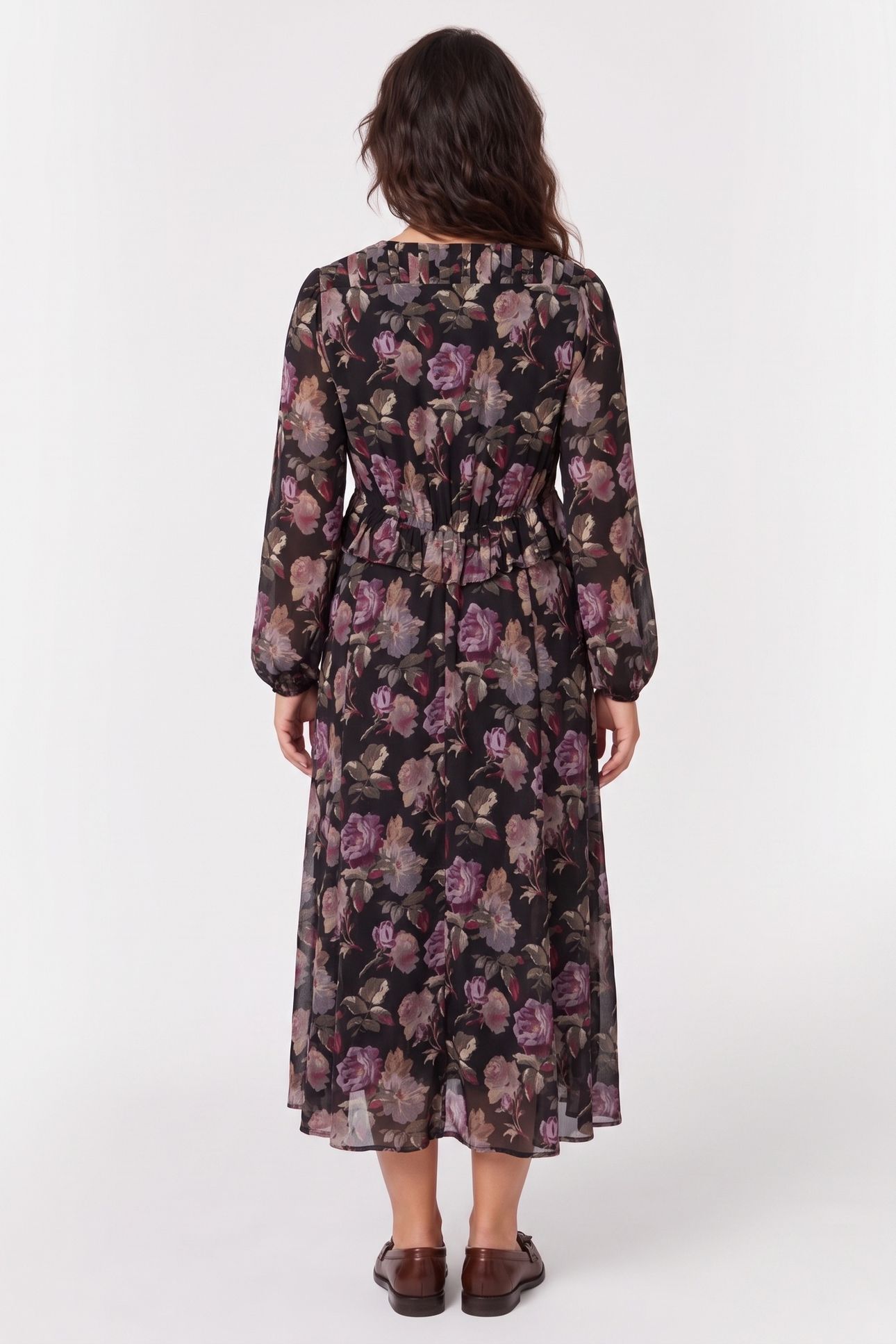 LONG-SLEEVED DRESS IN ROSE PRINT BLACK / PURPLE 2
