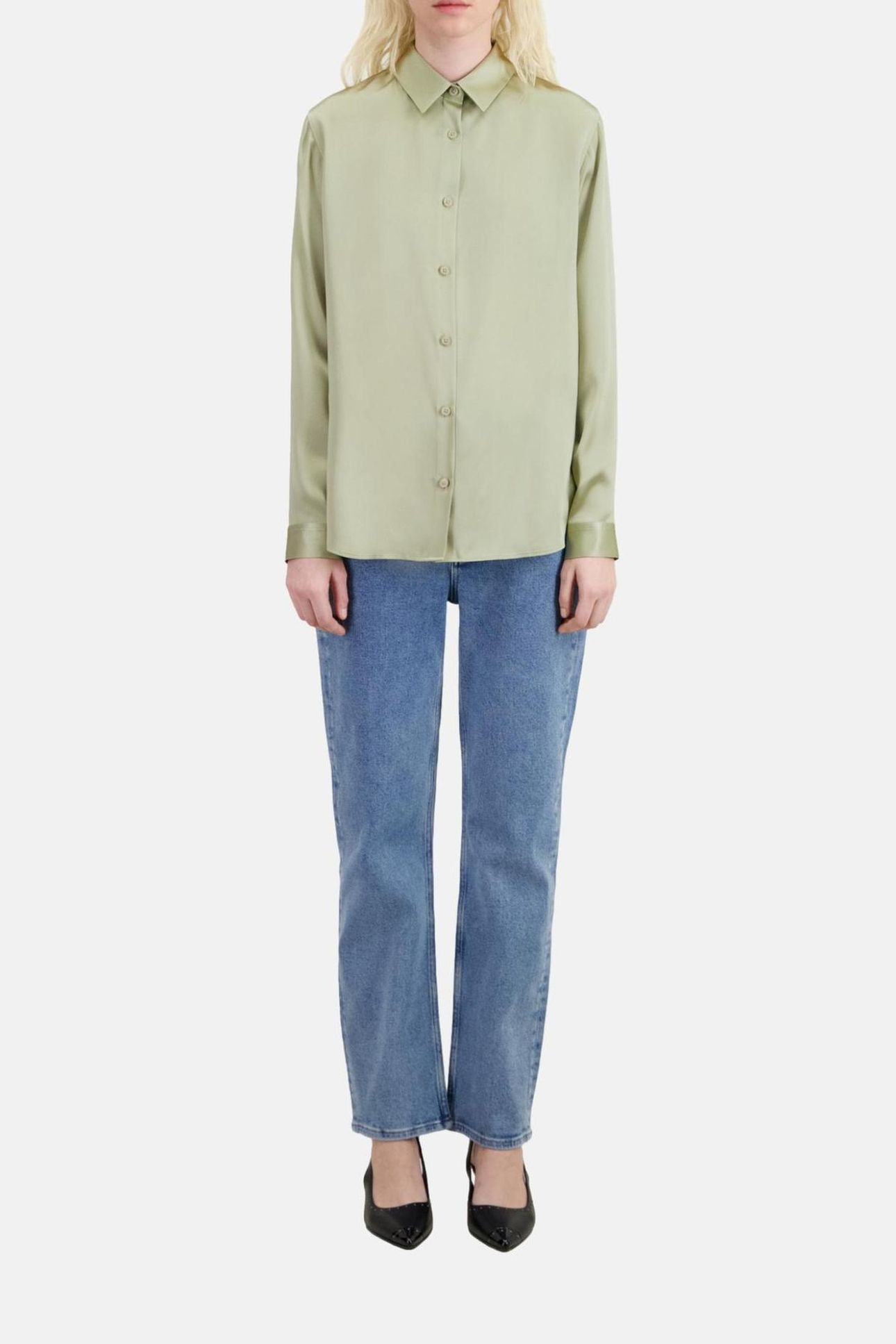LONG-SLEEVED SILK SATIN SHIRT KAKI GREY 1