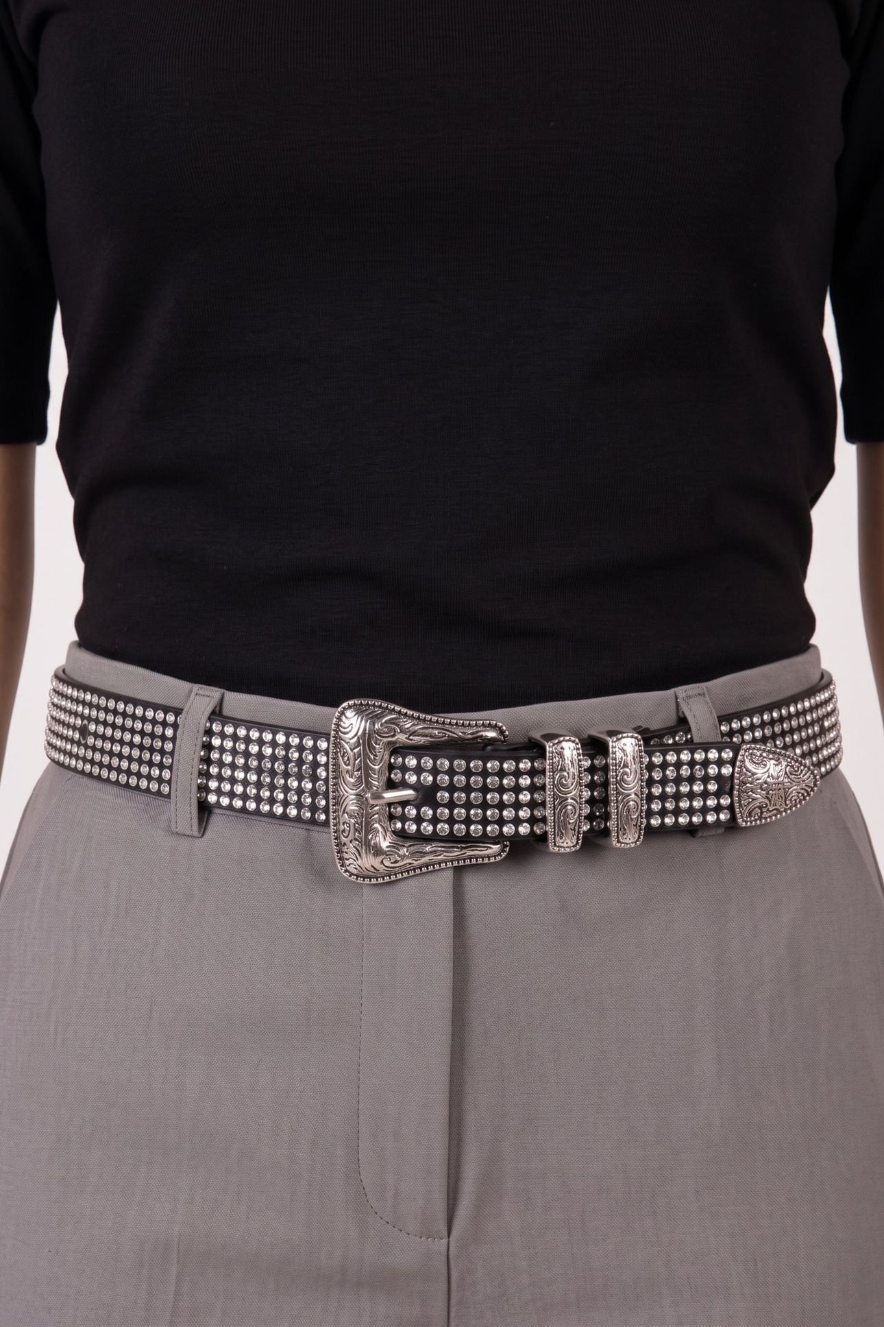 WESTERN LEATHER BELT WITH RHINESTONES ANTIC SILVER 3