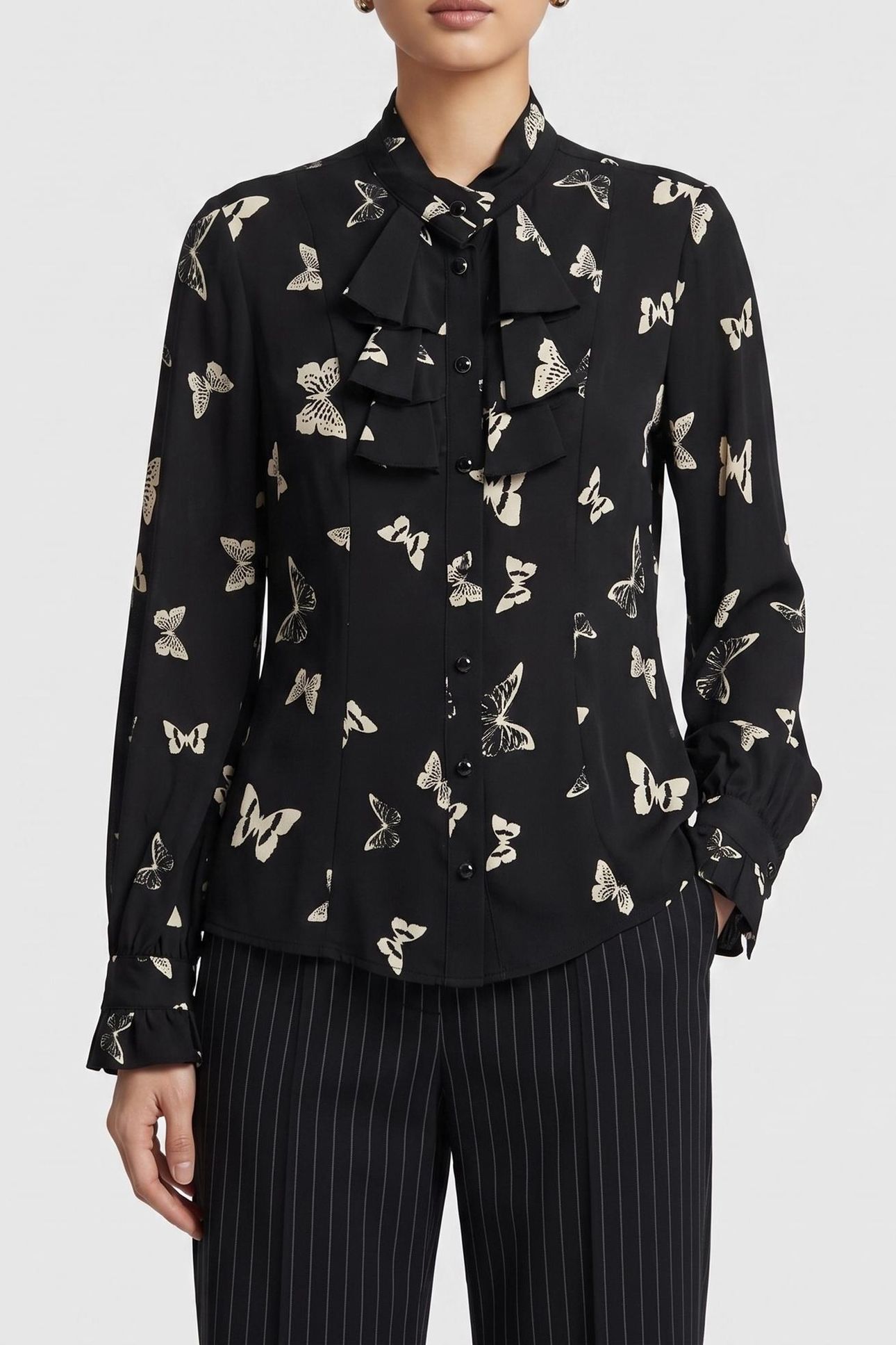 BUTTERLFY PRINT LONG-SLEEVED SHIRT BLACK WHITE 1