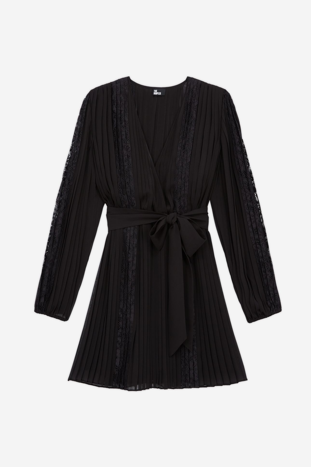 SHORT DRESS WITH LONG SLEEVES, V-NECK, AND LACE INLAY BLACK 4