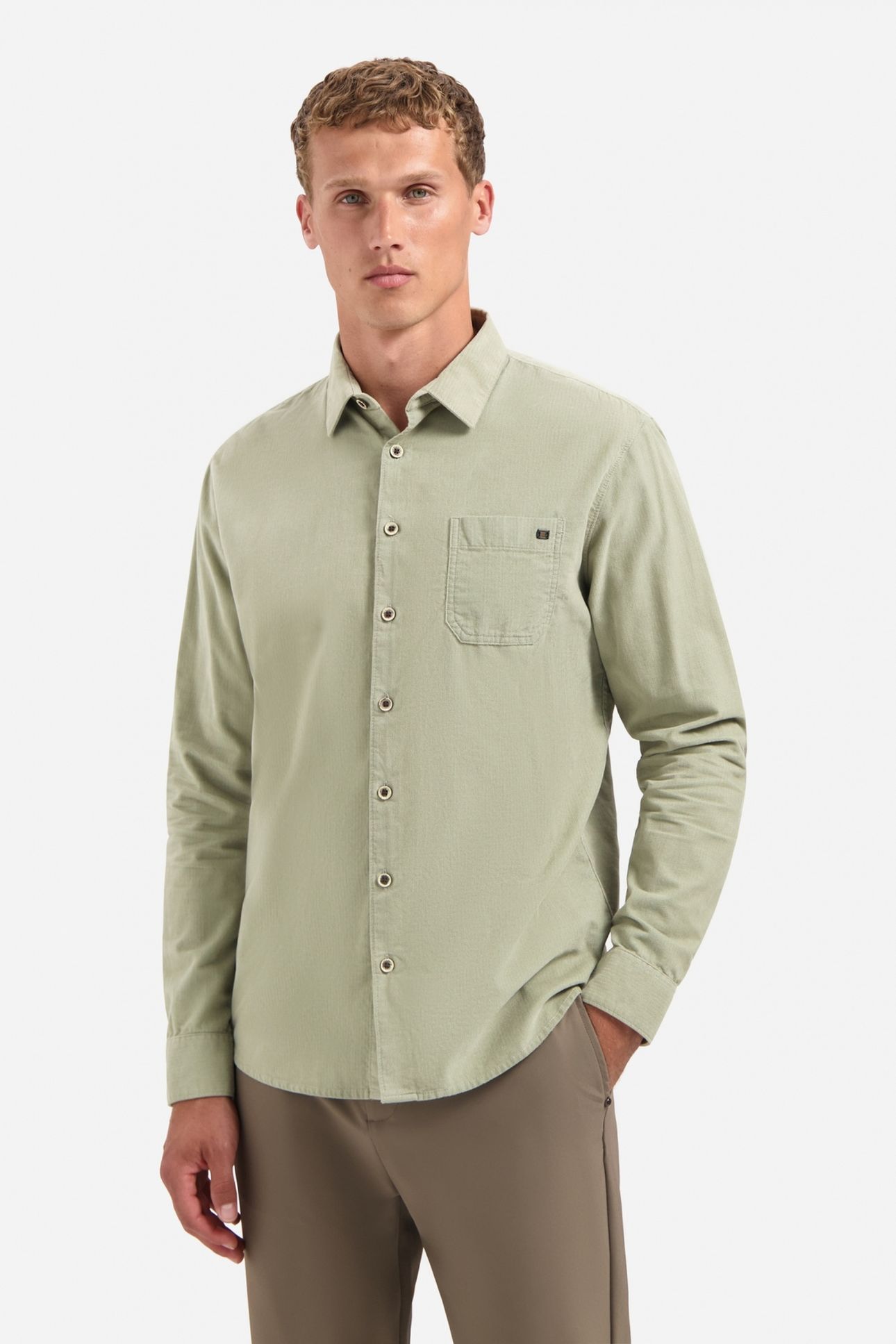 SHIRT SOLID FINE HERRINGBONE LIGHT MOSS 1