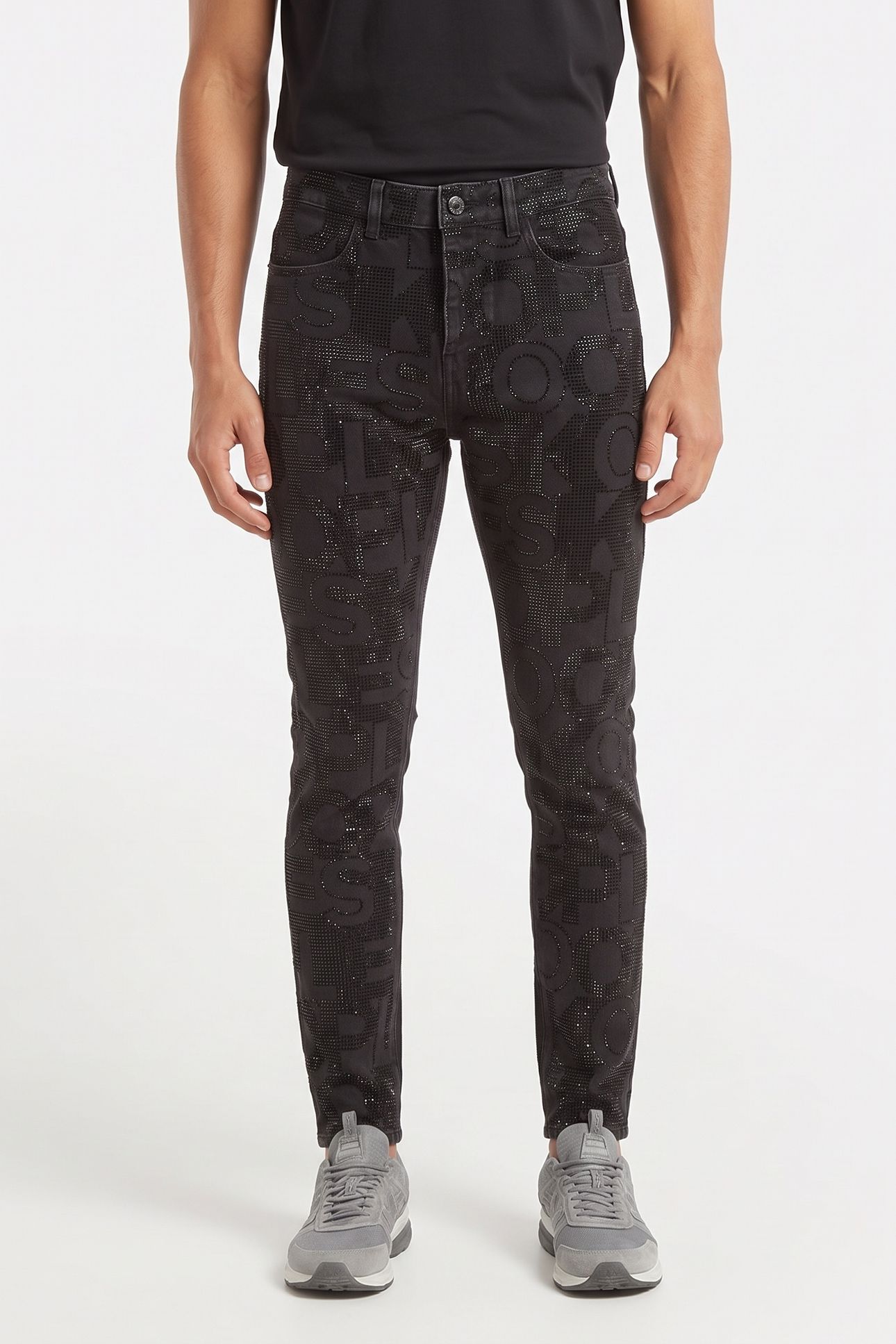 BLACK SLIM JEANS WITH RHINESTONE LOGO BLACK WASHED 1