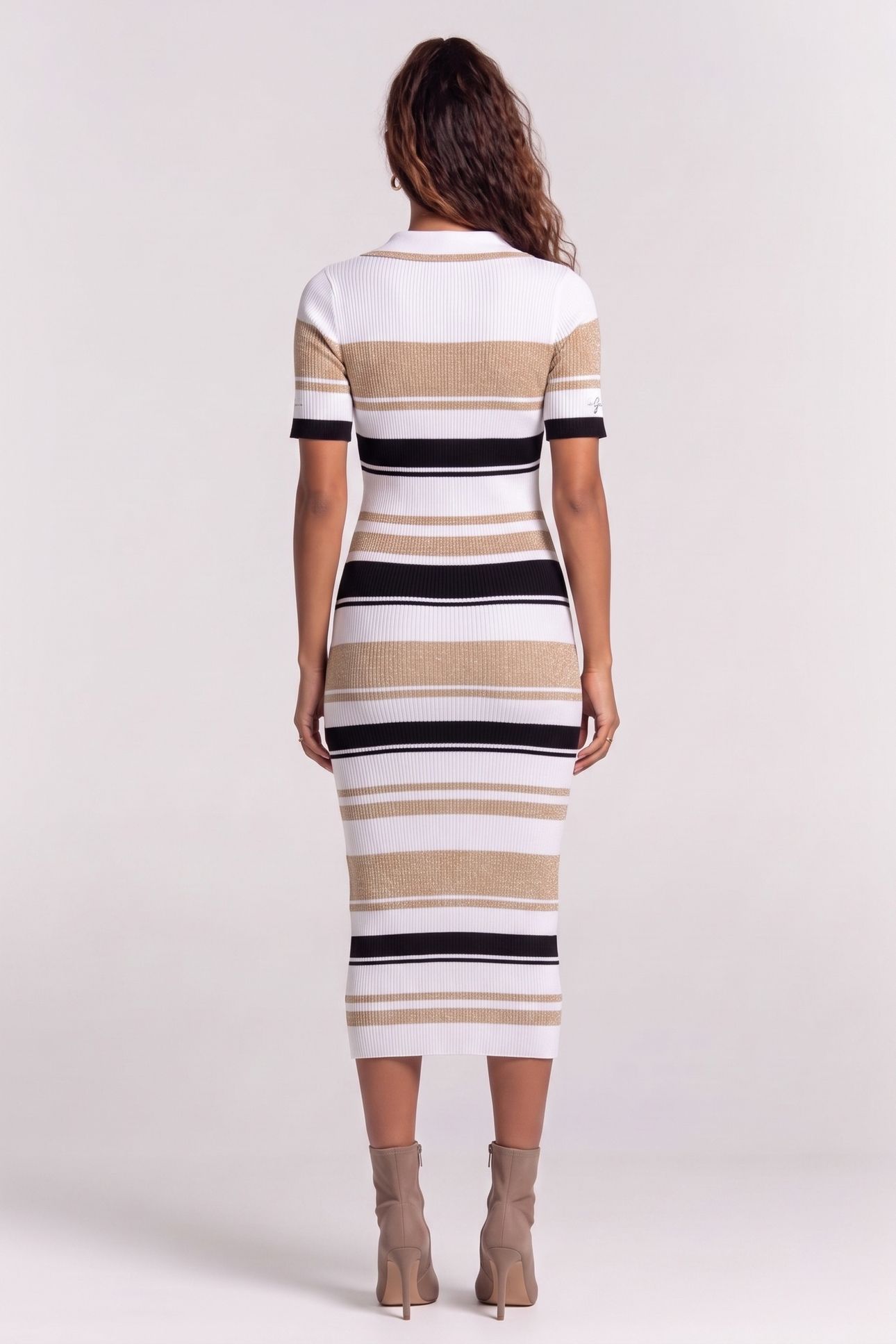 GUESS ECO EVIE STRIPED POLO DR WHITE BLACK GOLD STR 2