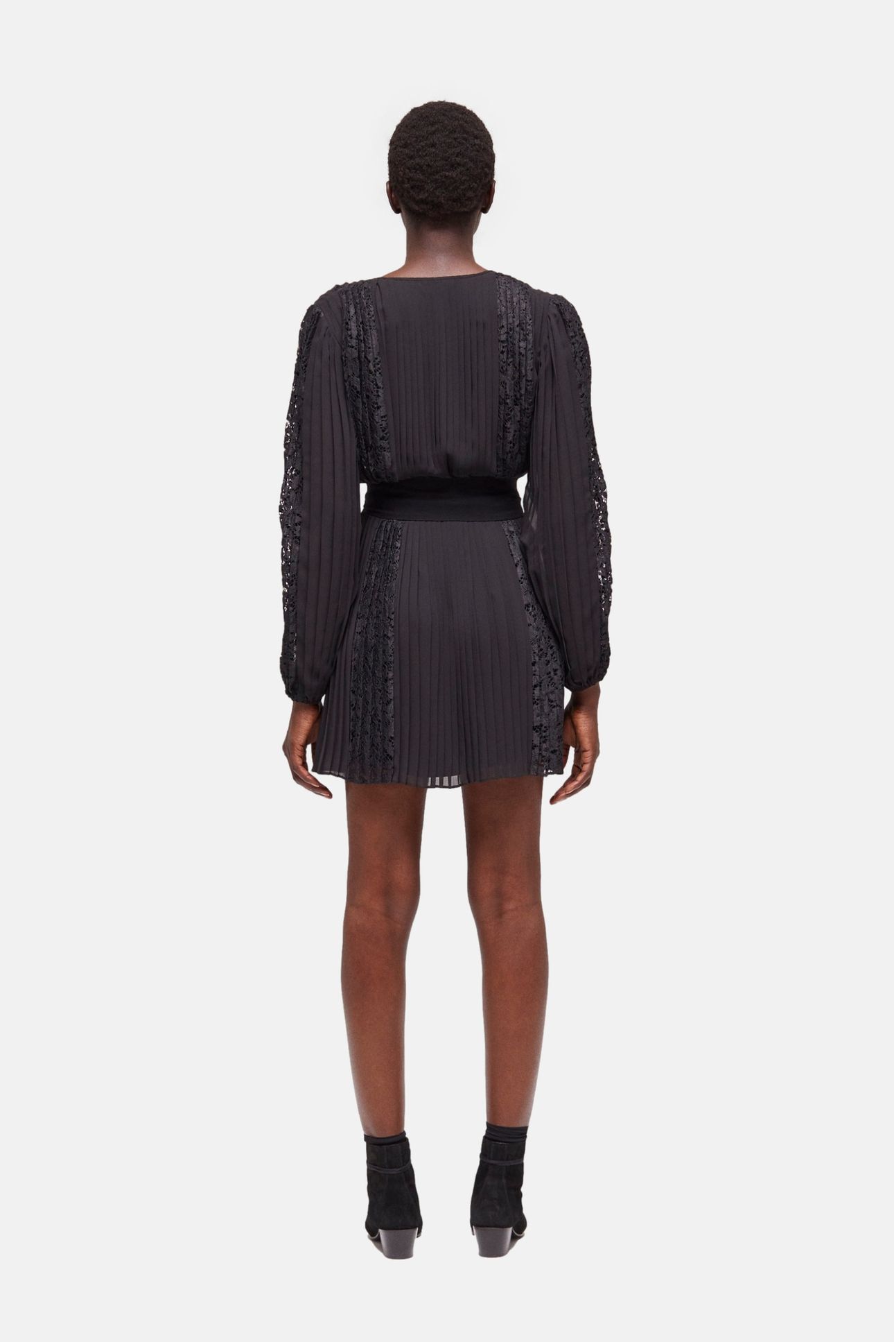 SHORT DRESS WITH LONG SLEEVES, V-NECK, AND LACE INLAY BLACK 3