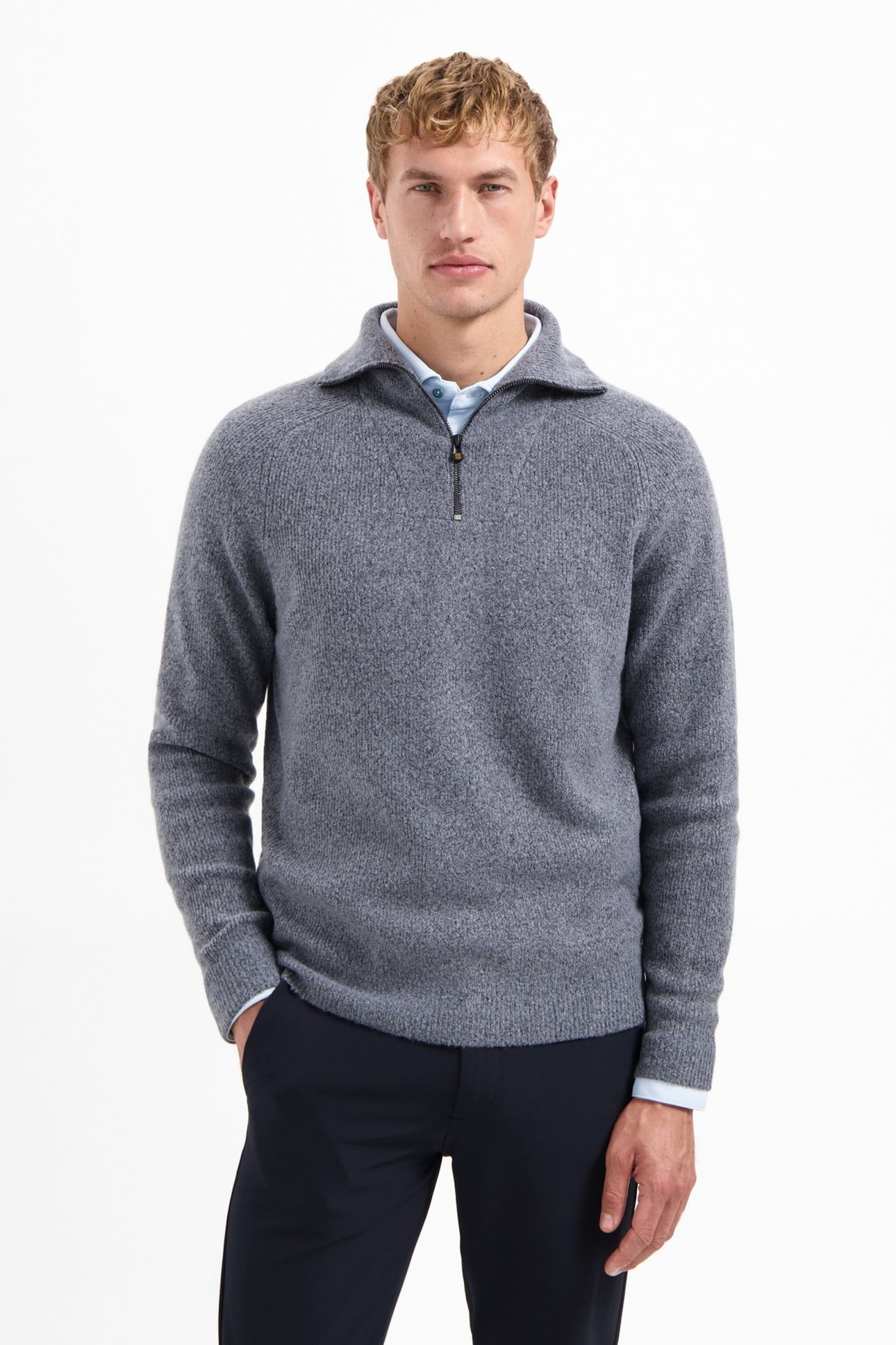 PULLOVER WING COLLAR HALF ZIP SOFT WOOLBLEND WASHED BLUE 1