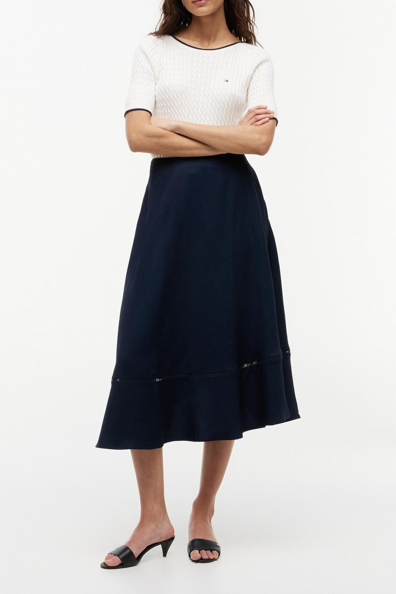 LOGO FLARE MIDI SKIRT WITH LINEN DARK NIGHT NAVY 1