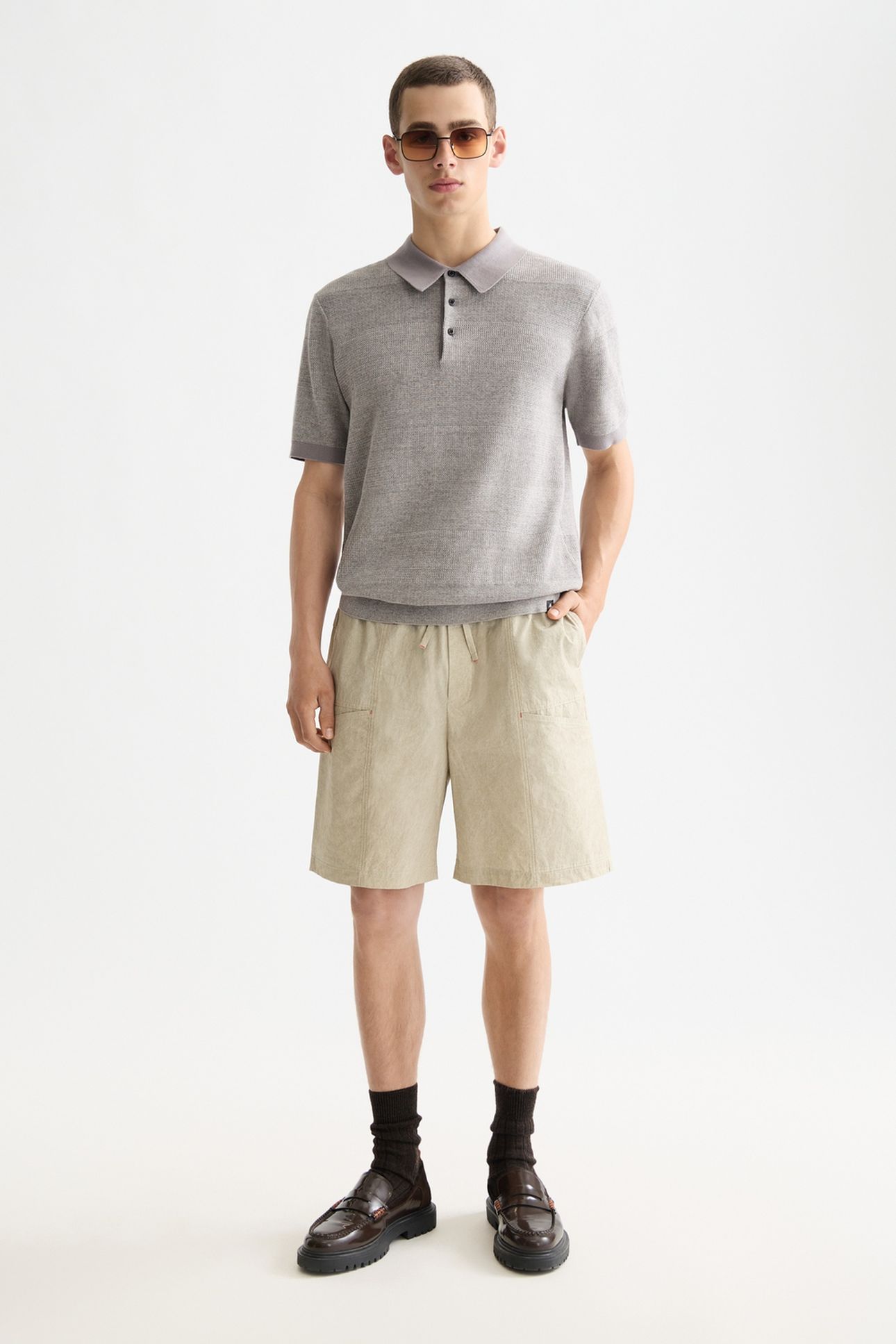WASHED NYLON-BLEND POPLIN WIDE FIT CARGO BERMUDA PLAZA TAUPE 1