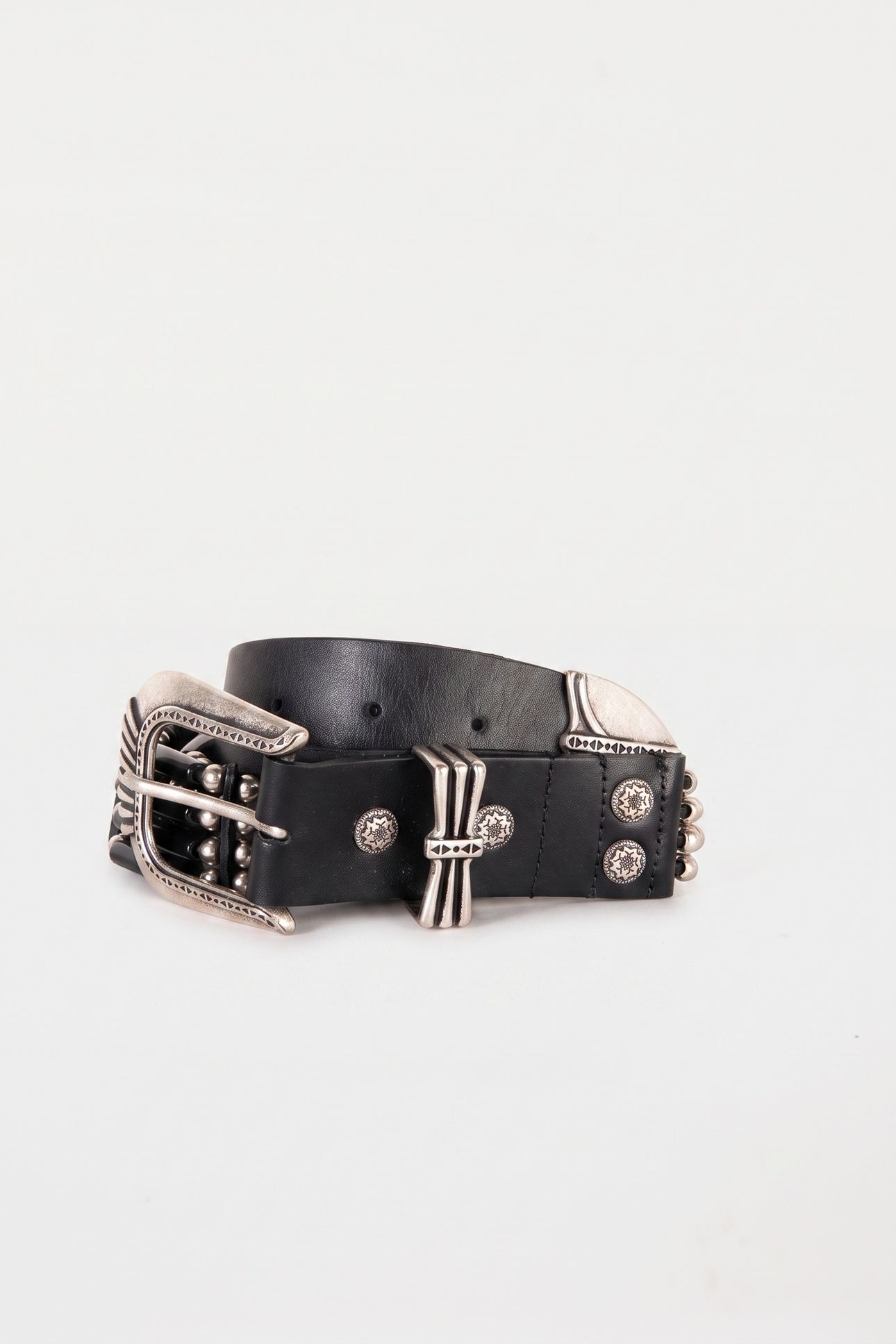 WIDE LEATHER BELT WITH BEADS AND METAL PIECES BLACK 3