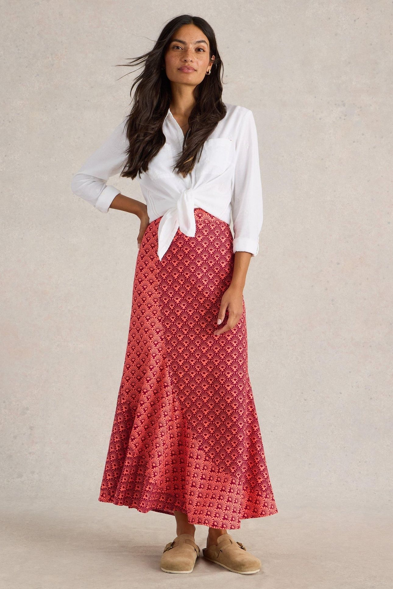 SARA LINEN BLEND MAXI SKIRT RED MULTI 1