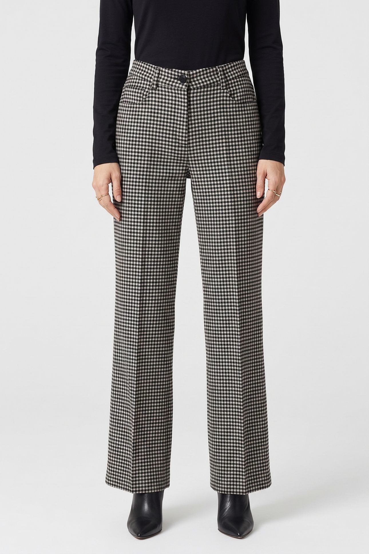 STRAIGHT LONG FLARE TROUSERS BLACK WHITE 1
