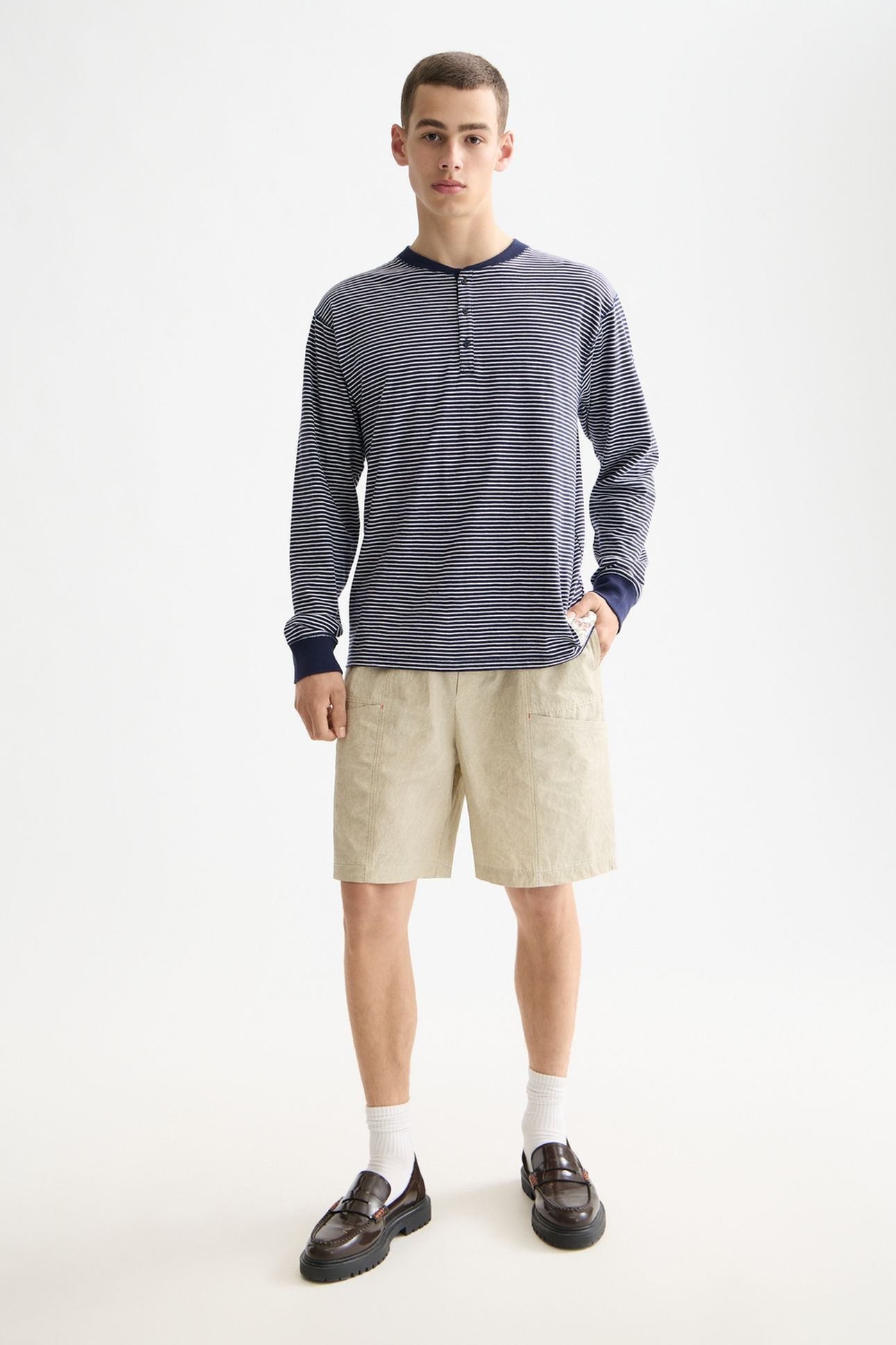 RELAXED FIT STRIPED HENLEY NAVY/WHITE STRIPE 1