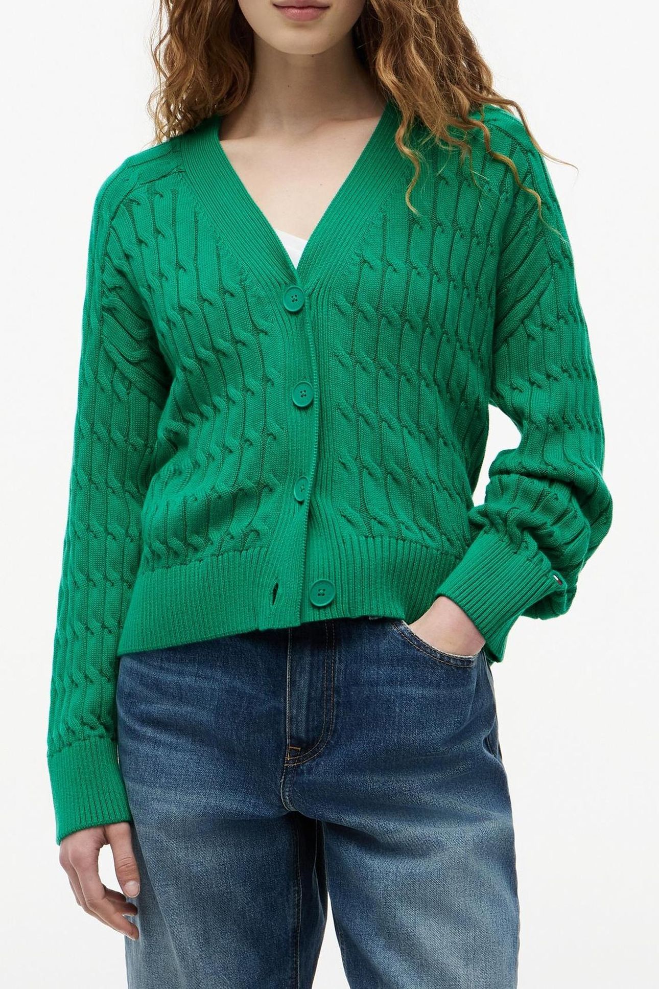 MID CABLE V-NECK LS COURTSIDE GREEN 1
