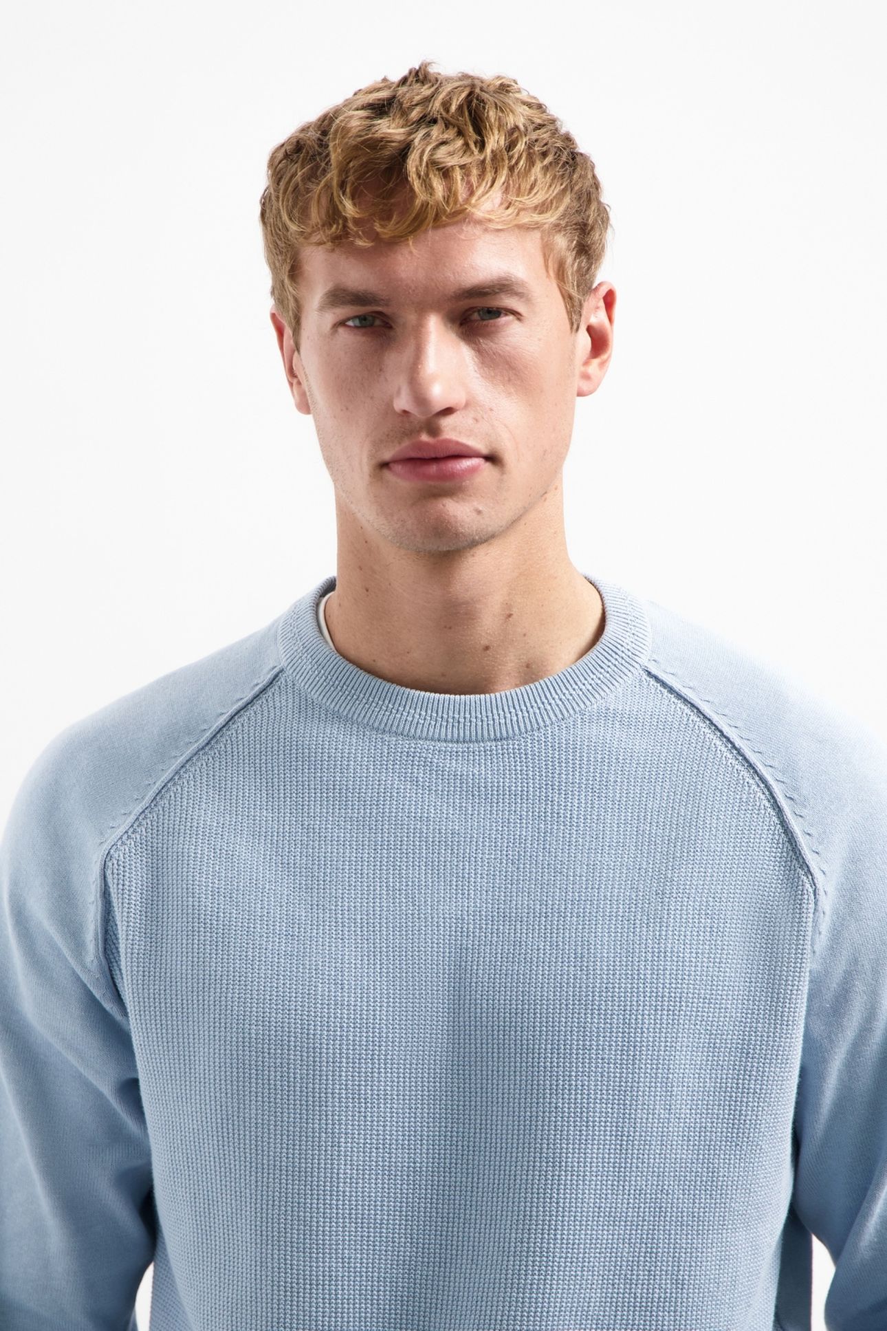 PULLOVER CREWNECK SOLID WAFFLE KNIT DUSTY BLUE 2