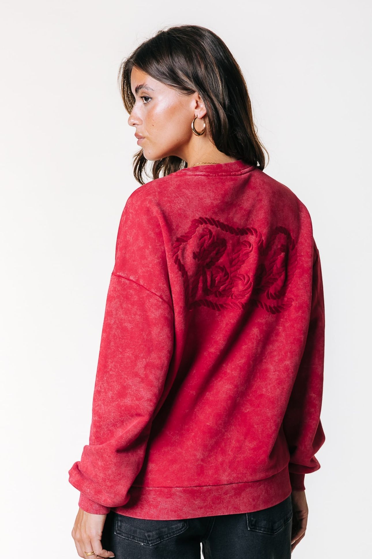 REBEL BRAID ACID WASH DROPPED SHOULDER SWEAT MEDIUM RED 2