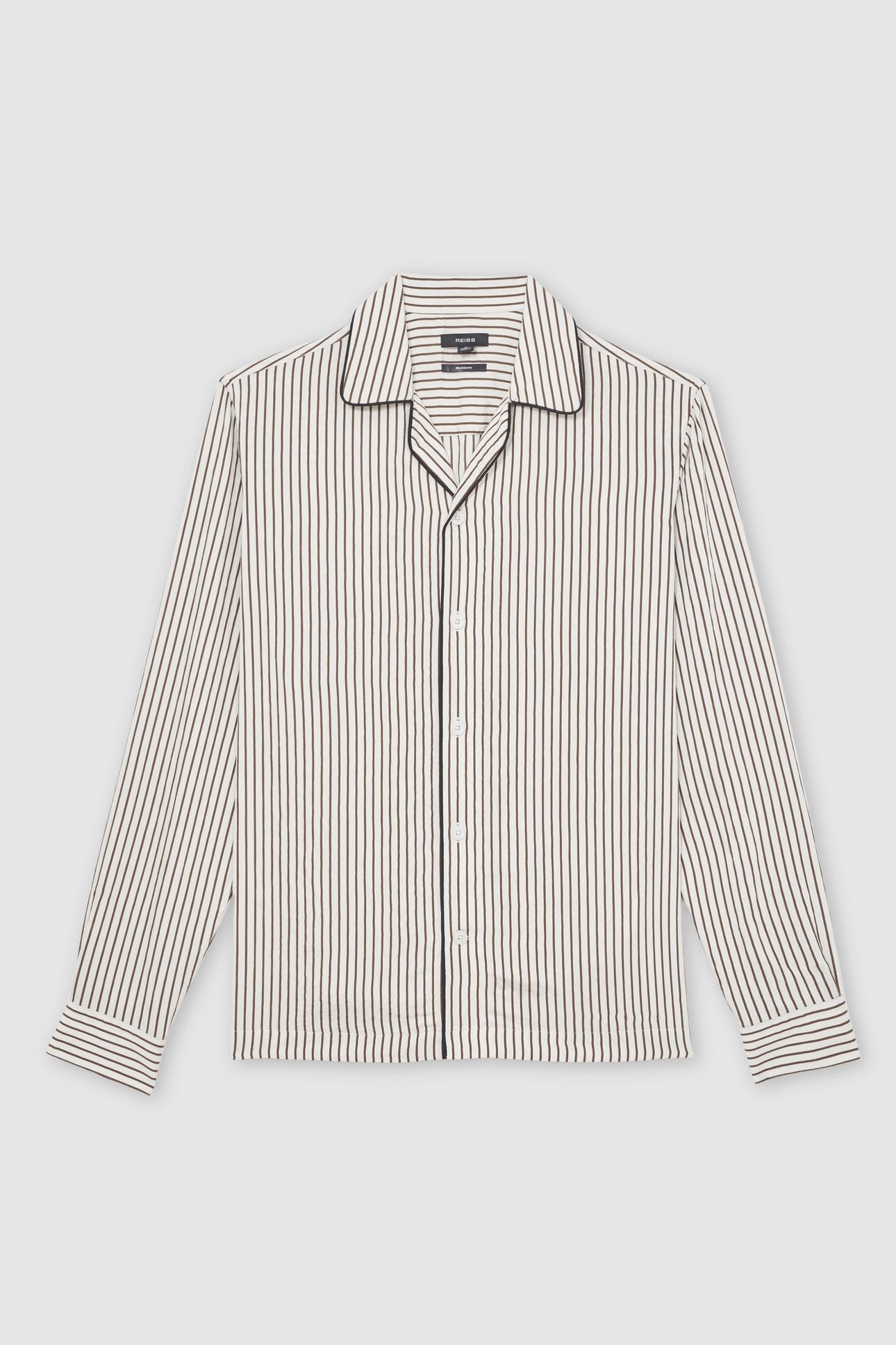 LS PINSTRIPE PIPED CUBAN SHIRT WHITE/BROWN 4