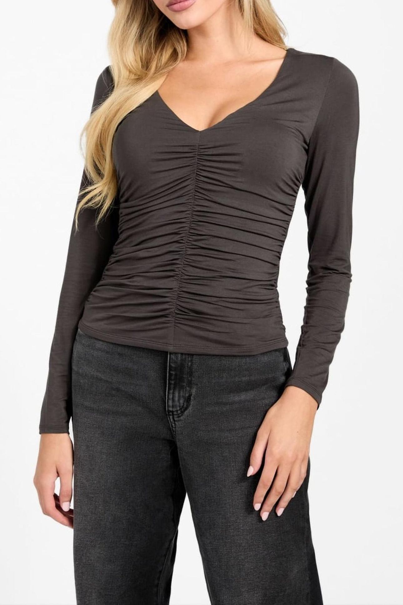 LS V-NECK AYLEEN TOP BARK BROWN 2