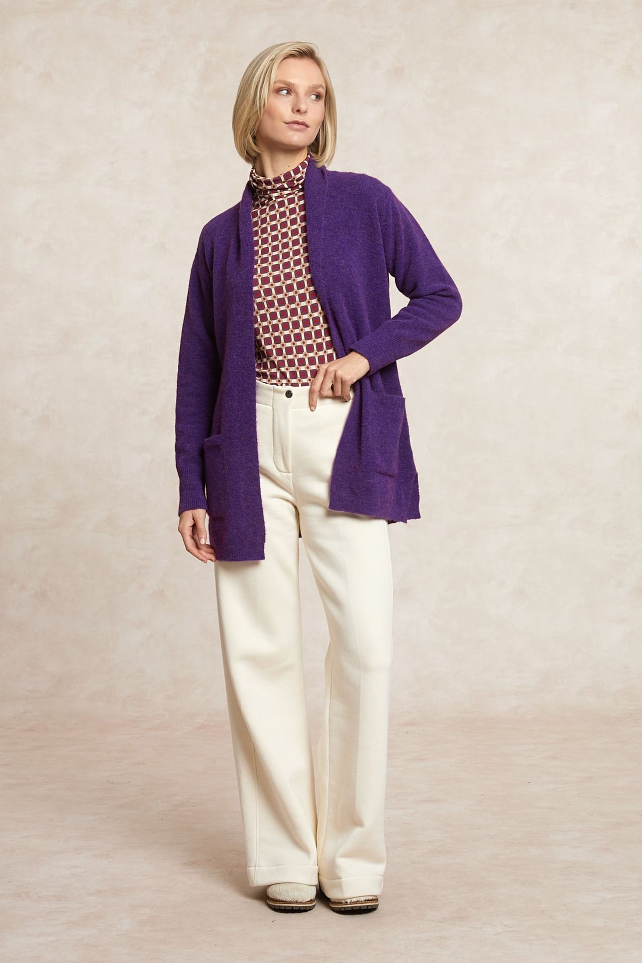 LONG V-NECK JERSEY CARDIGAN APPLIED POCKETS PURPLE 1
