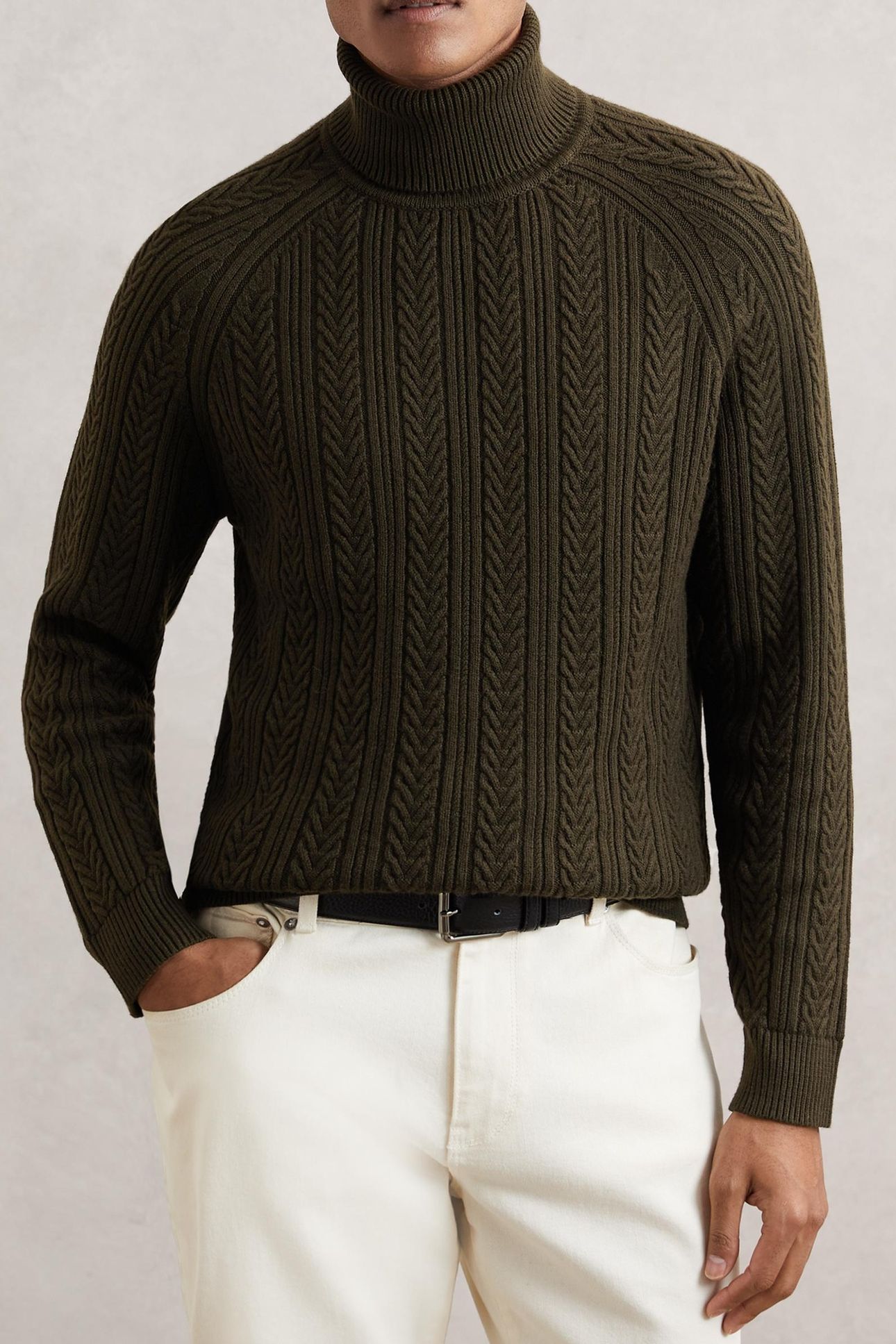 LS ROLL NECK CABLE JUMPER DARK OLIVE GREEN 1