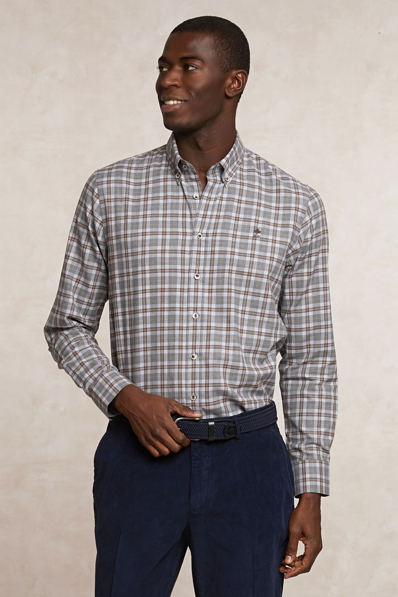 CUSTOM FIT CHECKED SHIRT BEIGE/BROWN 3