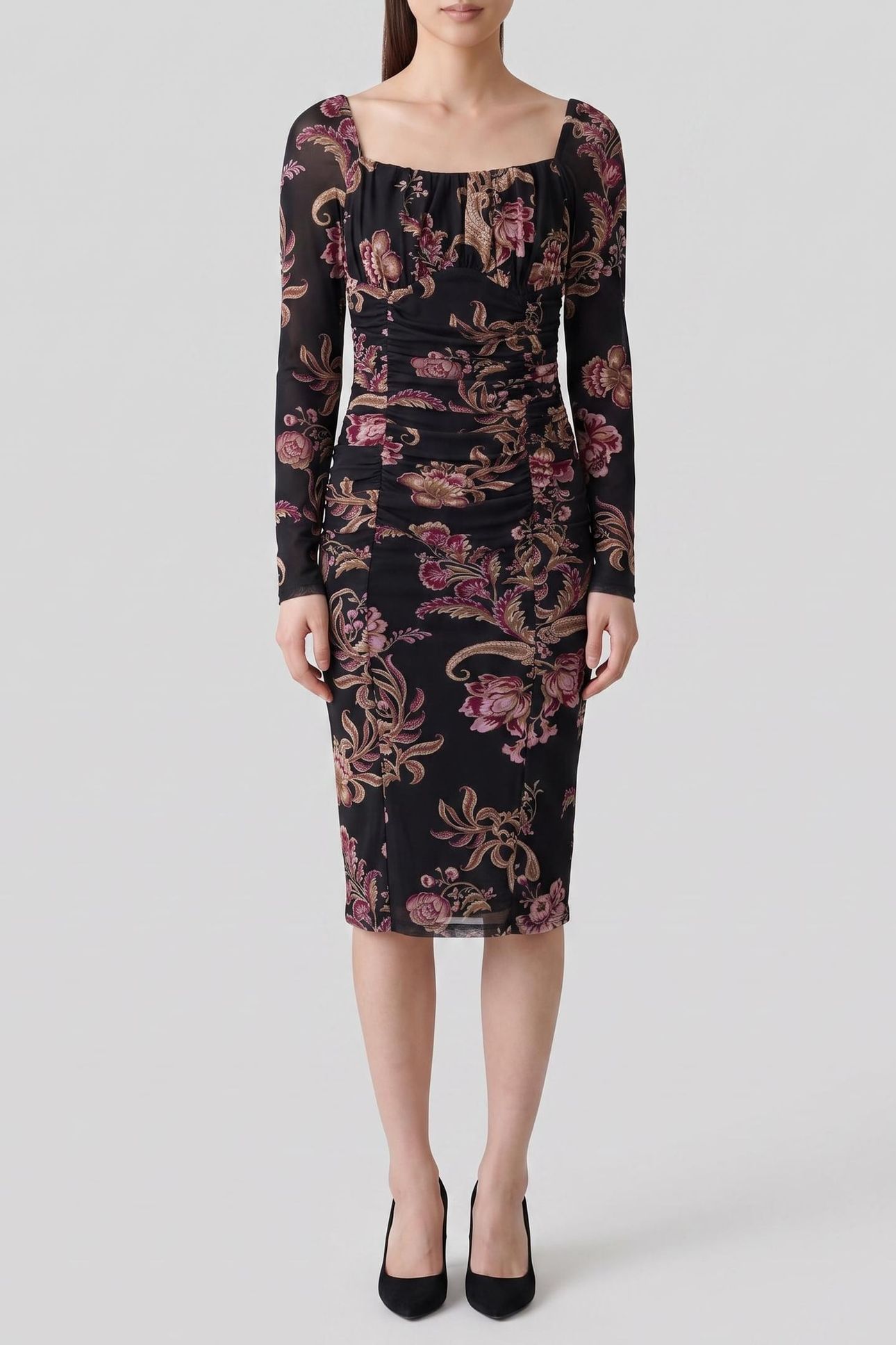 HOLLY LS DRAPEP DRES FLORAL PAISLEY BLACK 1