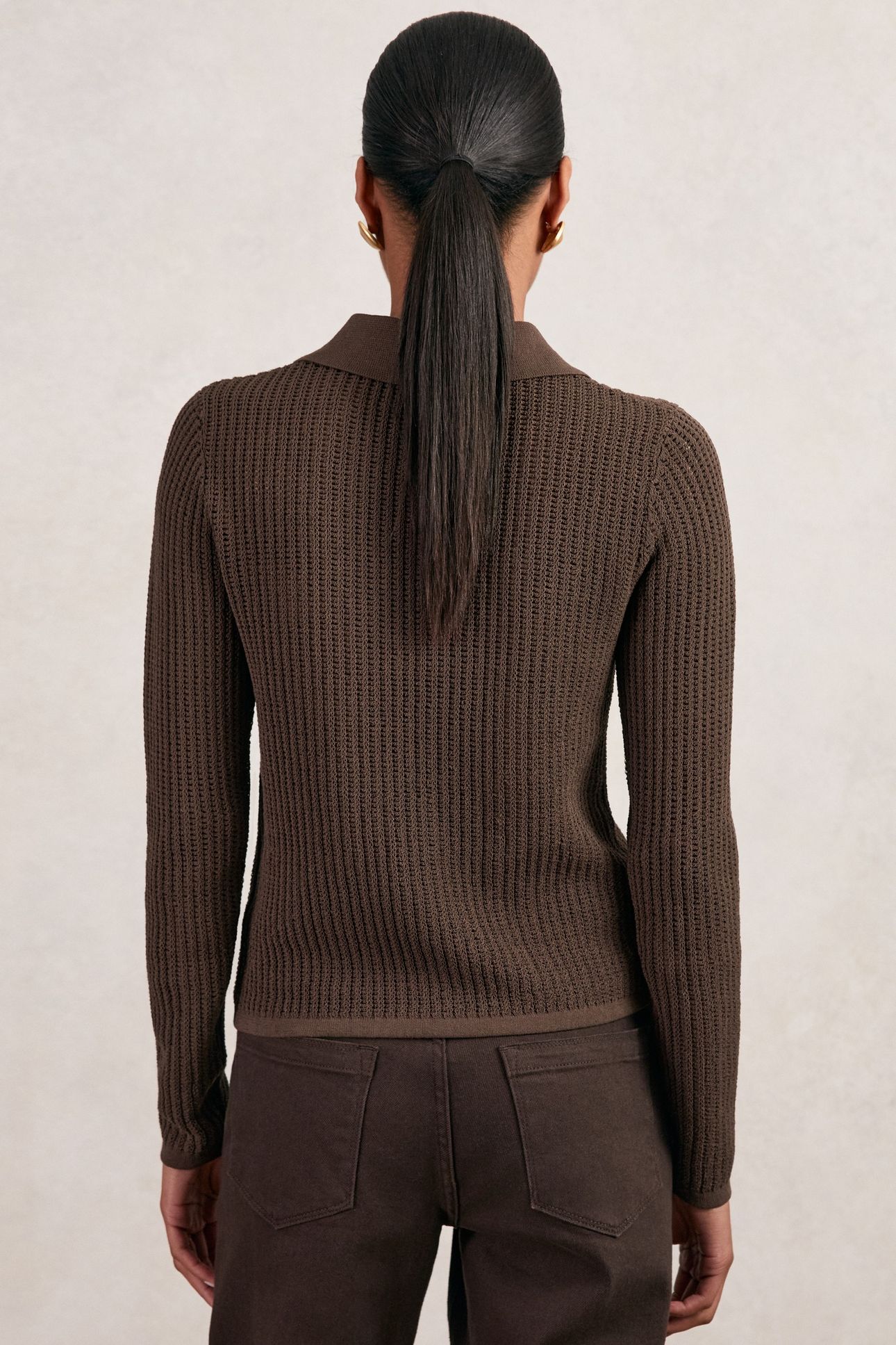 LONG SLEEVE STITCH POLO CHOCOLATE BROWN 2