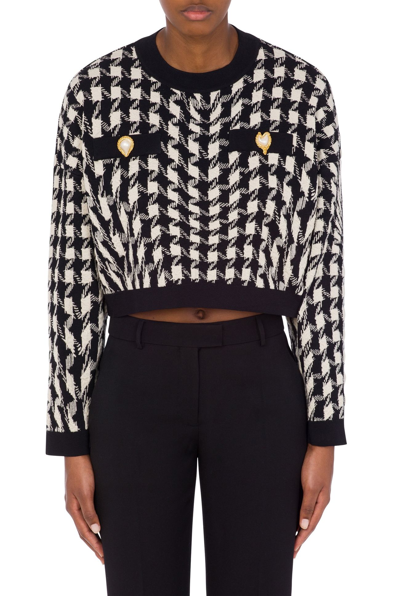 CROPPED PULLOVER IN MORPHED HOUNDSTOOTH STRETCH KNIT WHITE 1