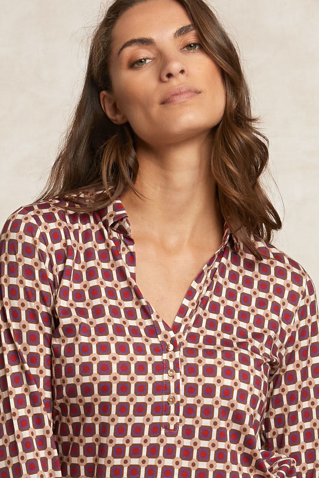 JERSEY FANTASY V-NECK BLOUSE RED/BROWN 4
