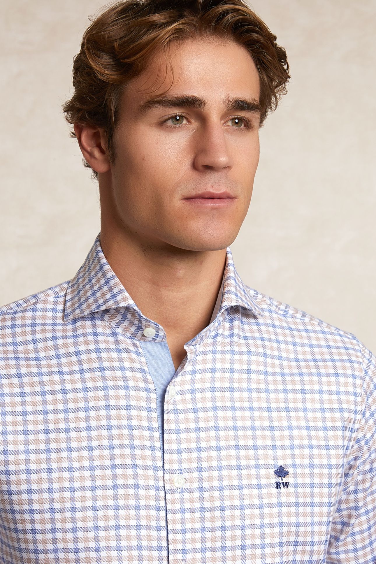 CUSTOM FIT COTTON CHECKED SHIRT BROWN/BLUE 4