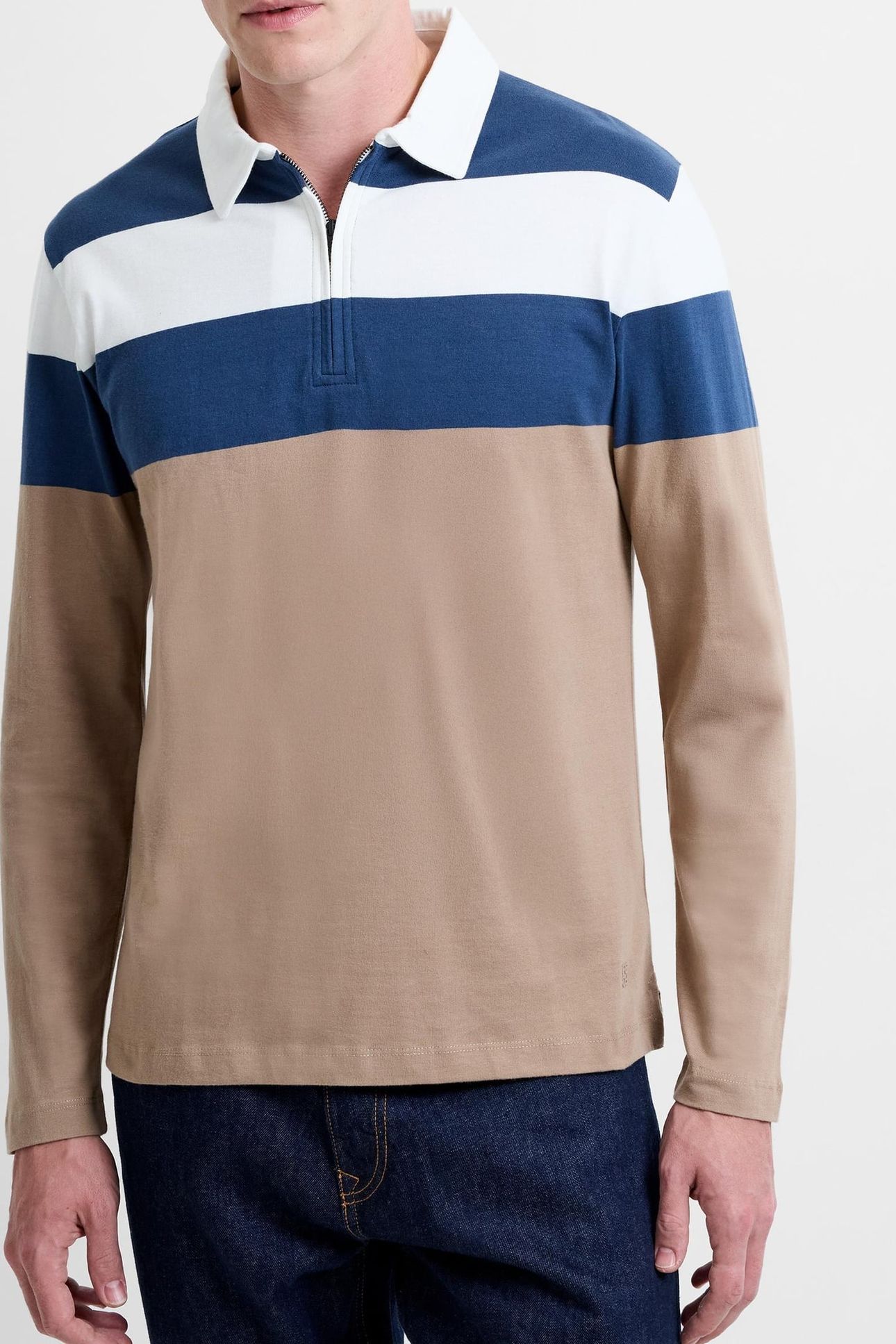 LS STRIPED ZIPPERED POLO ECRU/MIDNIGHT/MINK 1