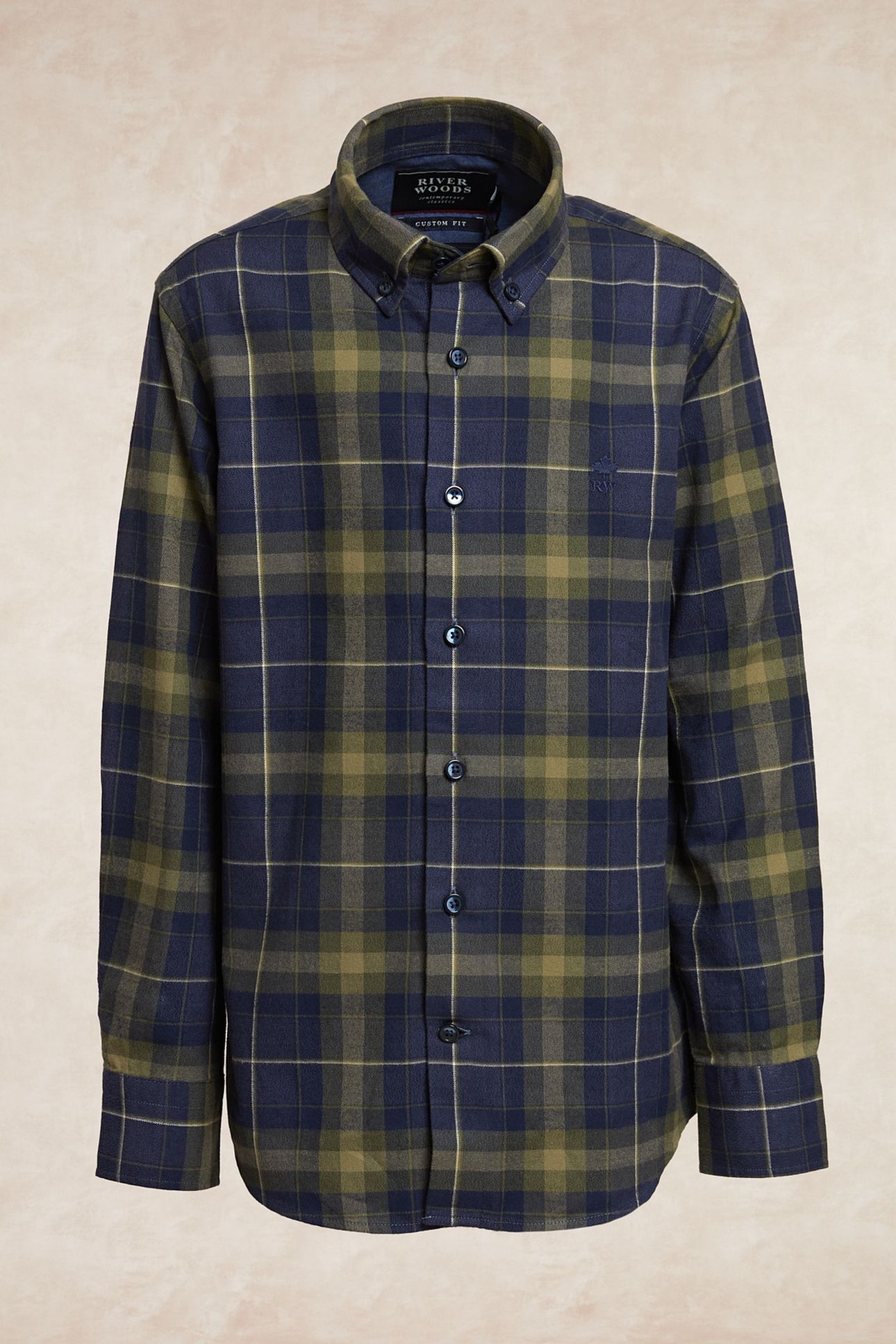 CUSTOM FIT FLANNEL CHECKED SHIRT KHAKI/BLUE 1