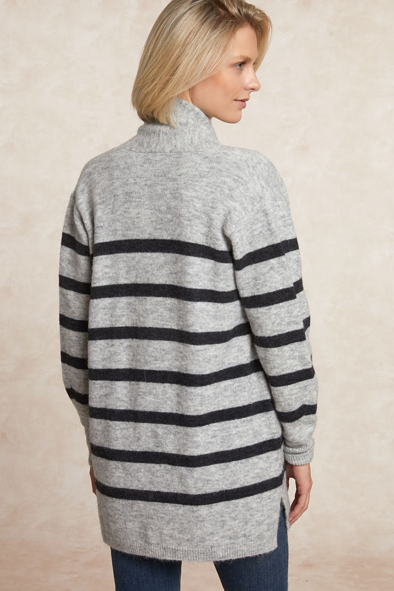 LONG STRIPED V-NECK JERSEY CARDIGAN APPLIED POCKETS BLACK/GR 2