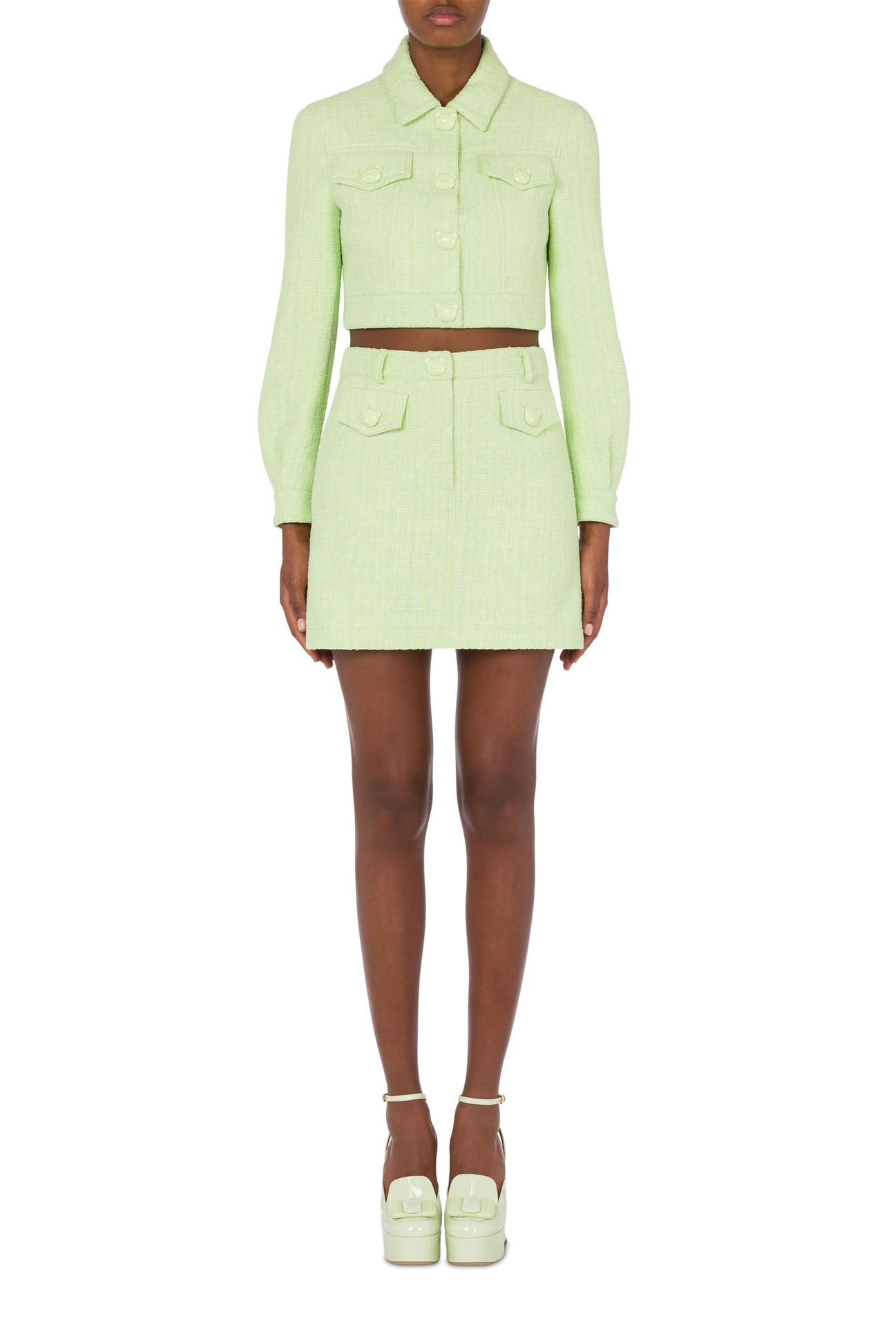 TEDDY BUTTONS TWEED CROPPED JACKET GREEN 1