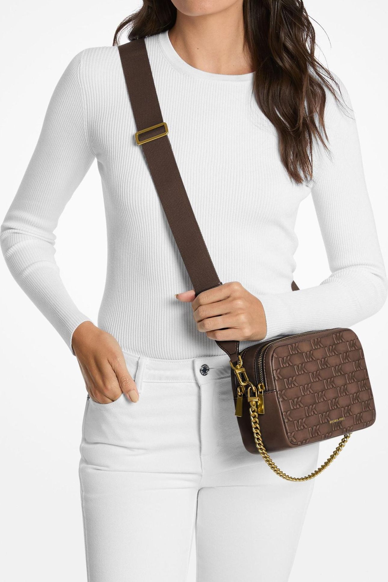 MEDIUM DOUBLE ZIP CHAIN CAMERA CROSSBODY CHOCOLATE 2
