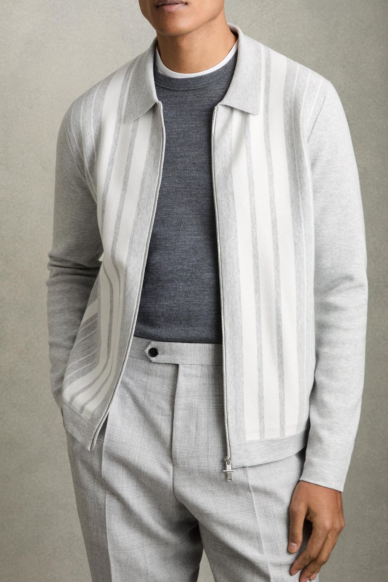 LS ZIP THROUGH STRIPE KNITTED JACKET GREY MELANGE/WHITE 1
