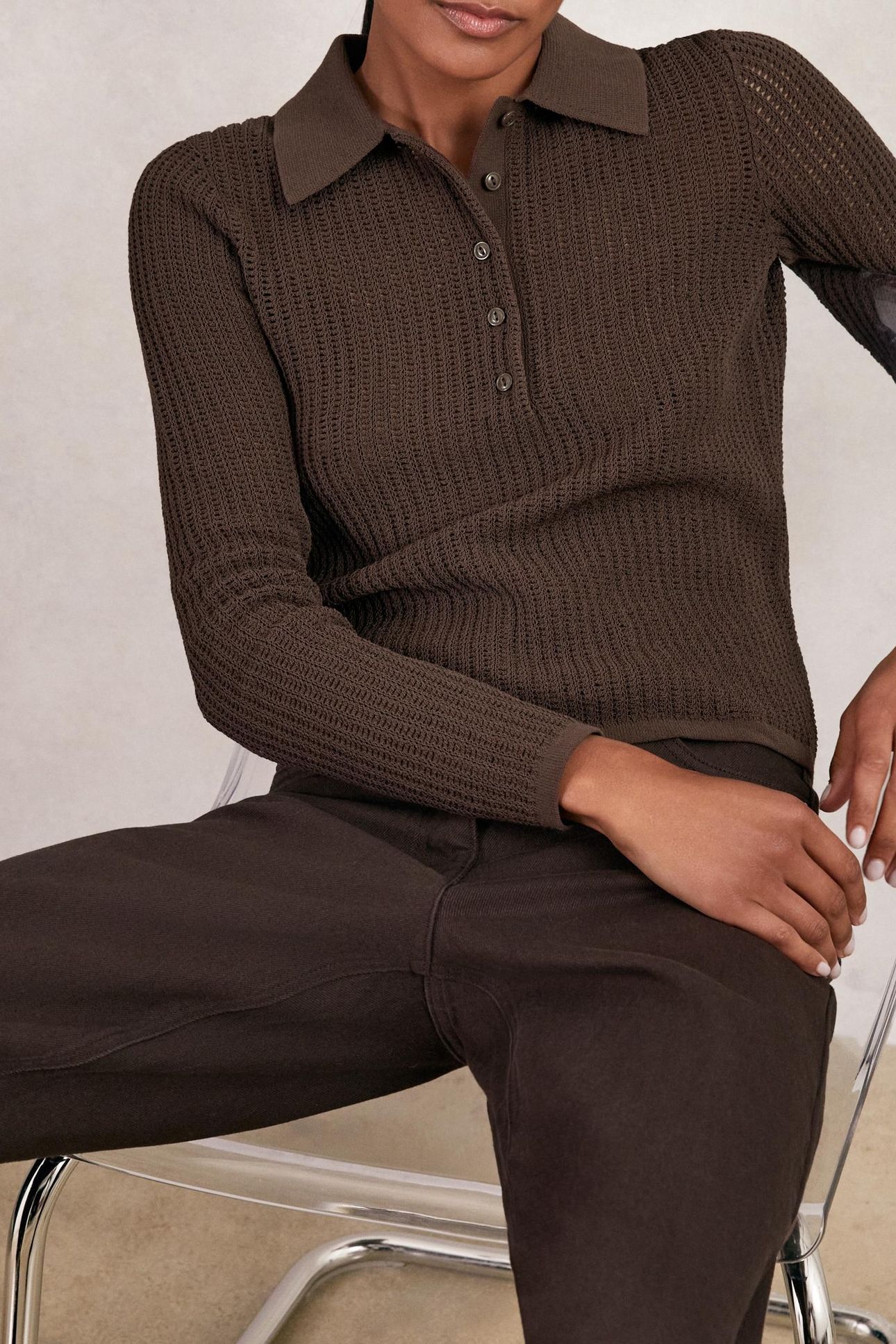 LONG SLEEVE STITCH POLO CHOCOLATE BROWN 3