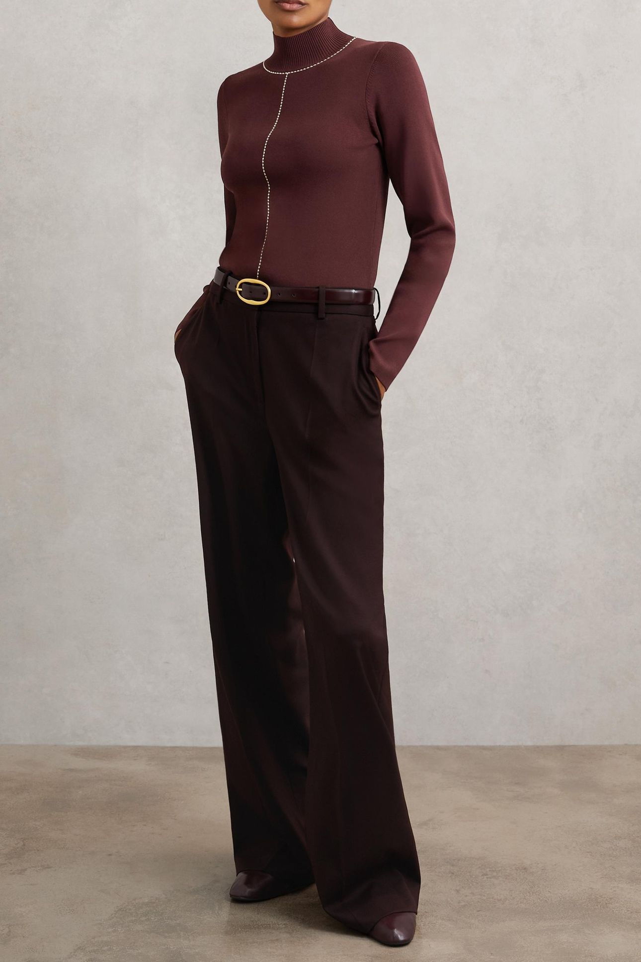 STITCH FRONT FUNNEL JUMPER BURGUNDY/CAMEL 3