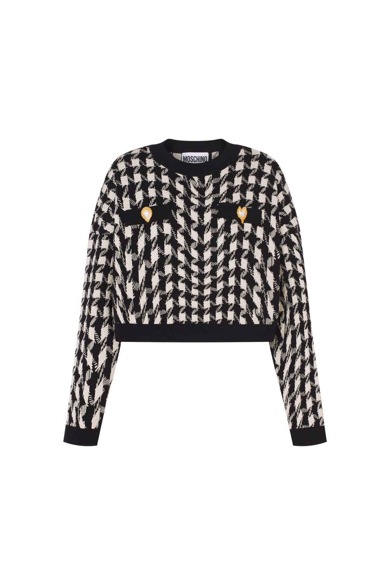 CROPPED PULLOVER IN MORPHED HOUNDSTOOTH STRETCH KNIT WHITE 3