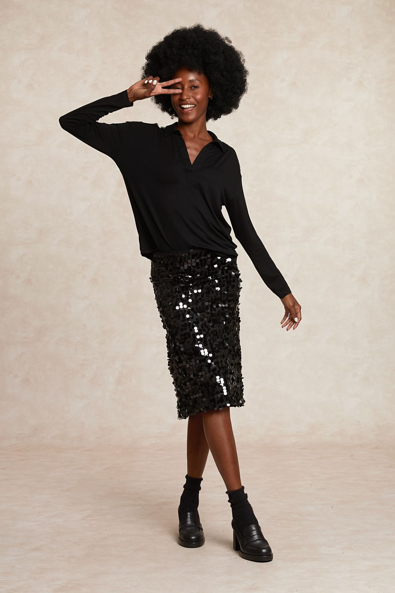 VISCOSE V-NECK BLOUSE GLITTER DETAIL BLACK 1