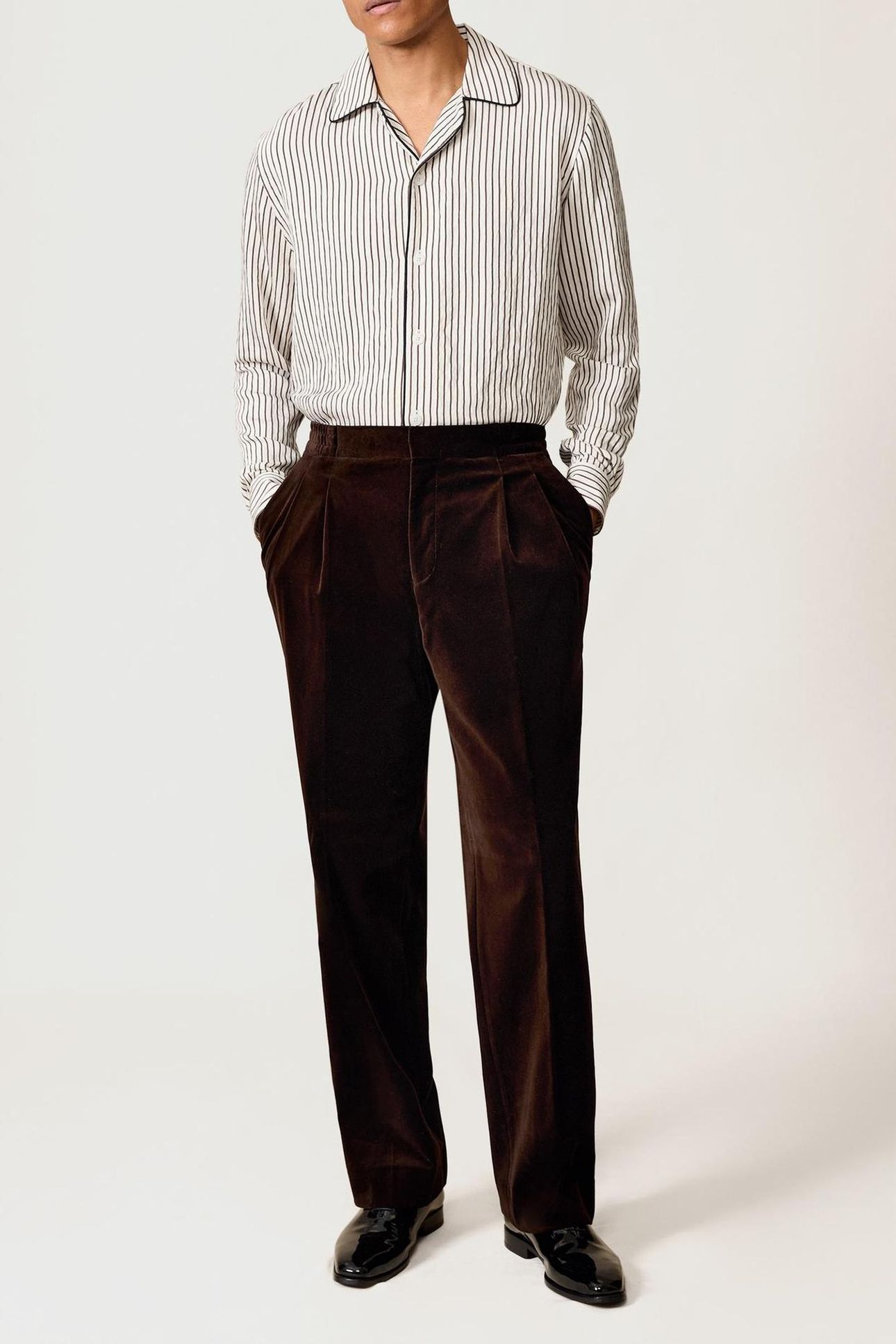 LS PINSTRIPE PIPED CUBAN SHIRT WHITE/BROWN 3