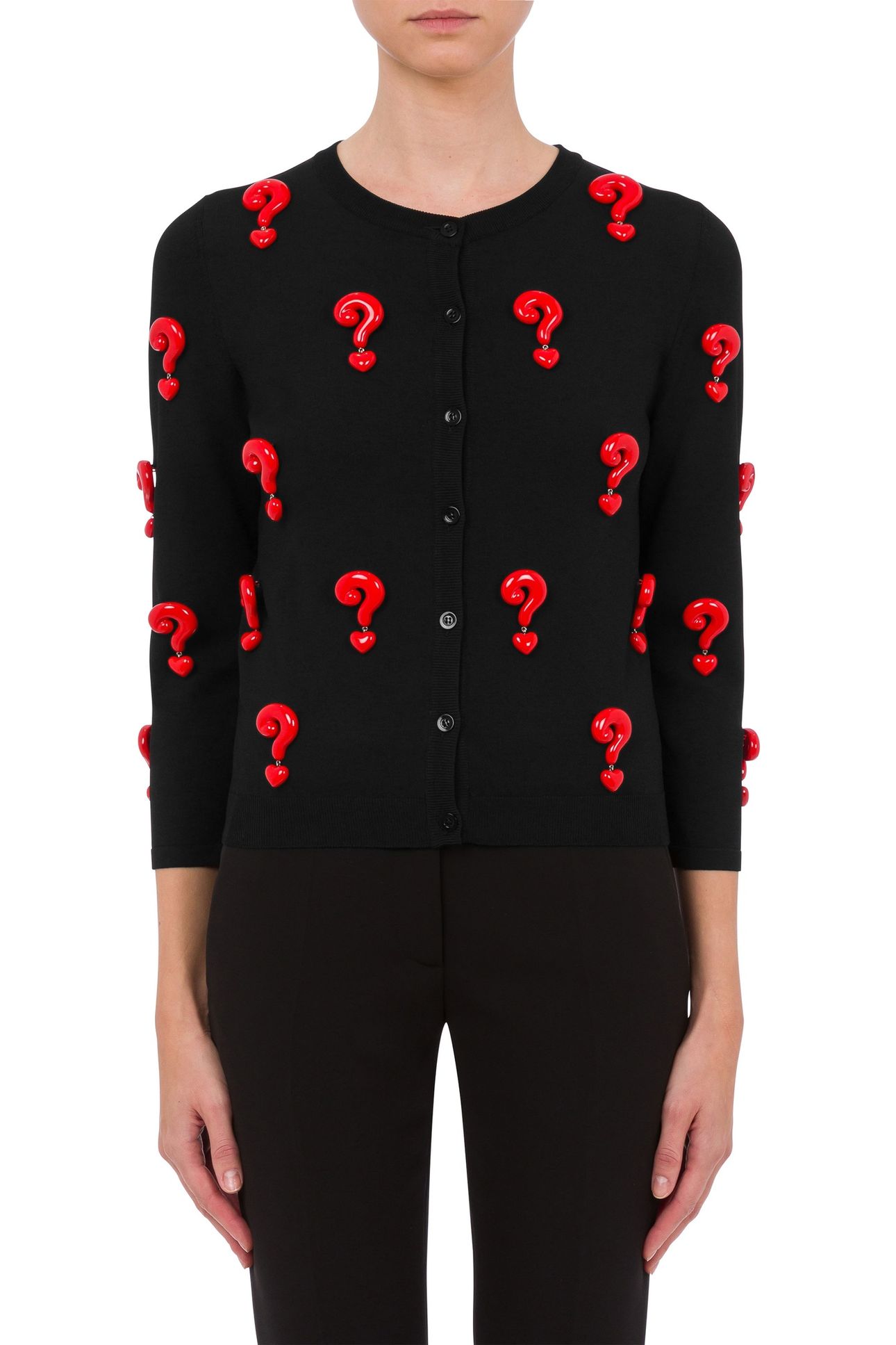 CARDIGAN STRETCH RED QUESTION MARKS BLACK 1