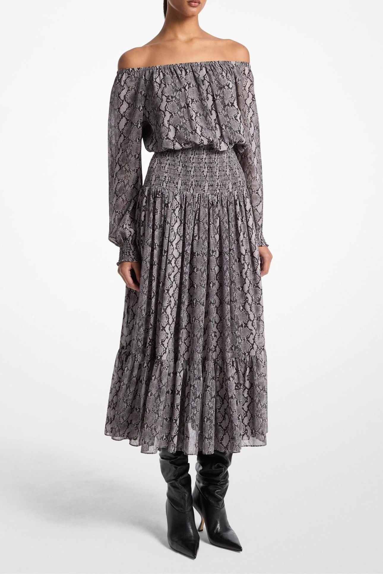 BOAT NECK SMOCK MAXI DRESS BLACK 1
