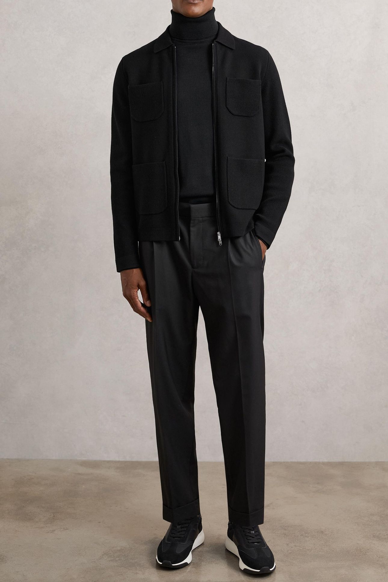 LS ZIP THROUGH RIBBED FOUR POCKET SHIRT BLACK 2
