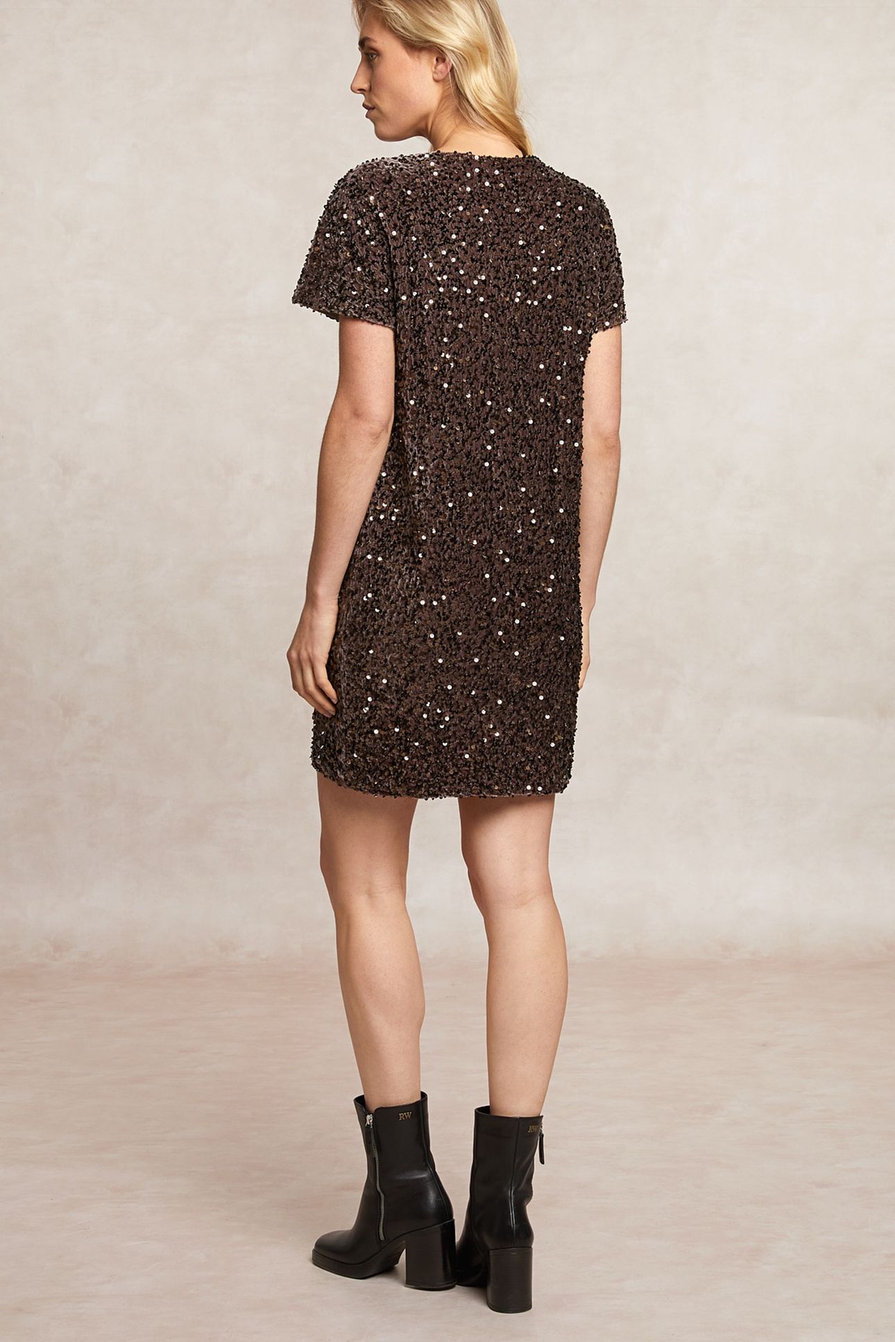 SEQUIN V-NECK DRESS BROWN 2
