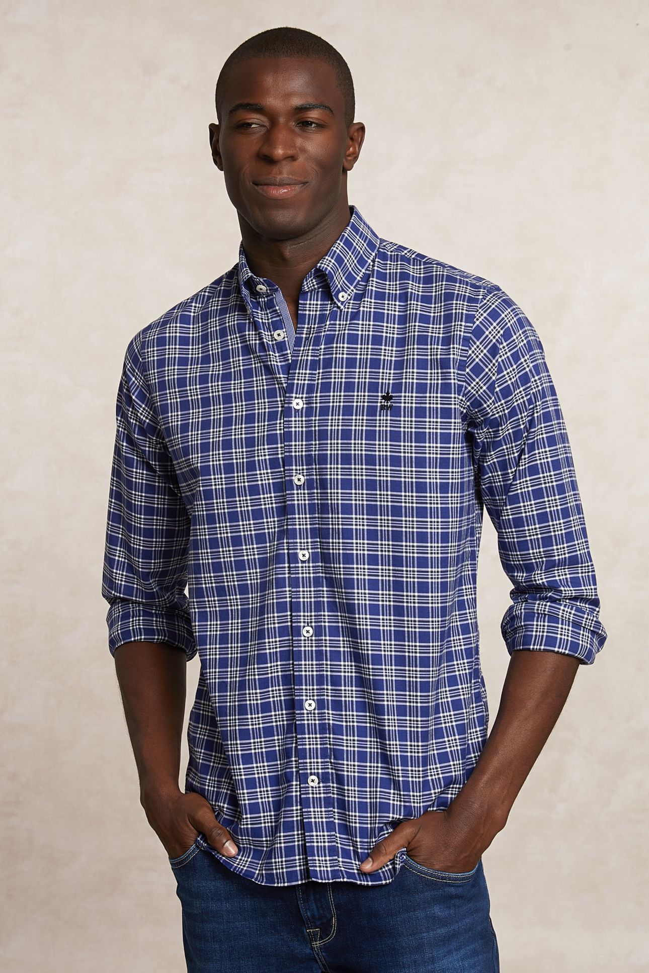 CUSTOM FIT COTTON CHECKED SHIRT BLUE/WHITE 3